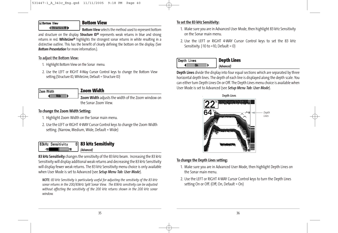 Humminbird 343c manual Bottom View, Zoom Width, KHz Sensitivity, Depth Lines 