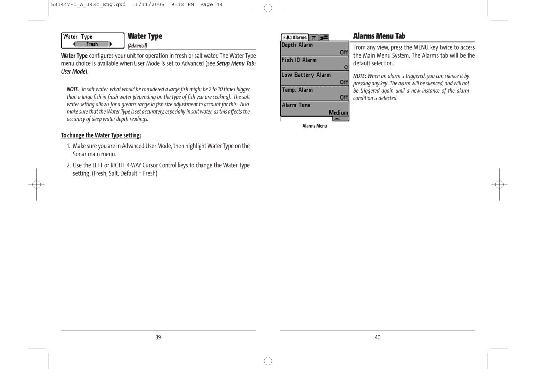 Humminbird 343c manual Alarms Menu Tab, To change the Water Type setting 