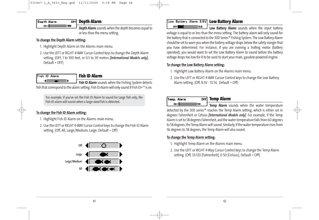Humminbird 343c manual Depth Alarm, Fish ID Alarm, Low Battery Alarm, Temp Alarm 