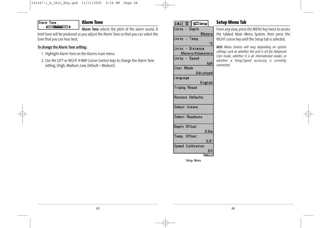 Humminbird 343c manual Setup Menu Tab, To change the Alarm Tone setting, Highlight Alarm Tone on the Alarms main menu 