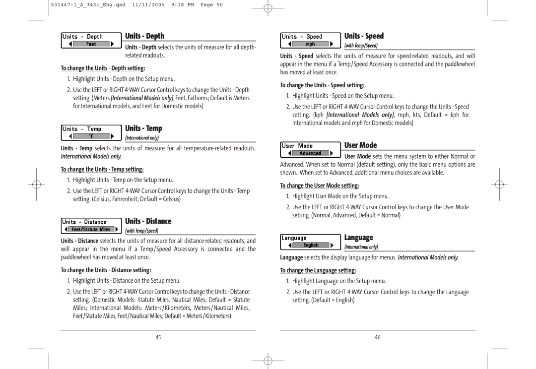 Humminbird 343c manual Units Depth, Units Temp, Units Distance, Units Speed, User Mode, Language 