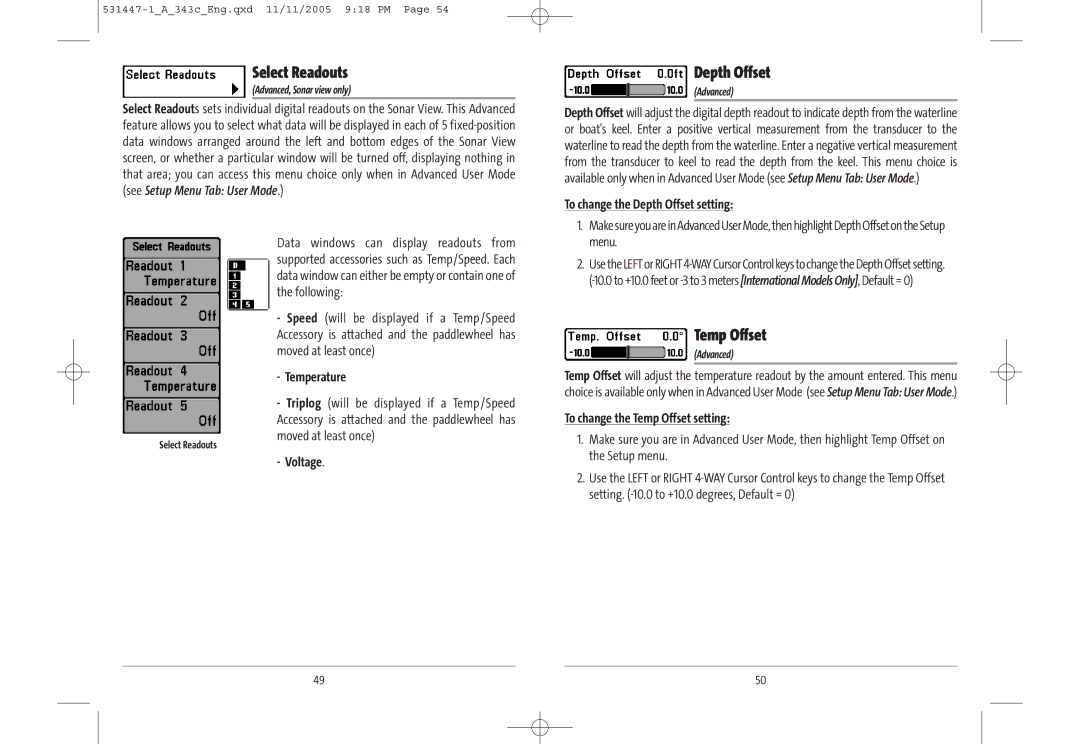 Humminbird 343c manual Select Readouts, Depth Offset, Temp Offset 