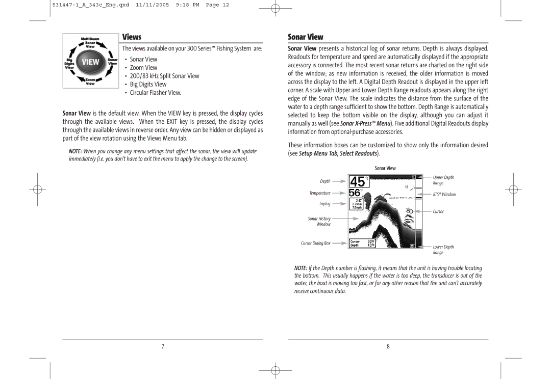 Humminbird 343c manual Views, Sonar View 