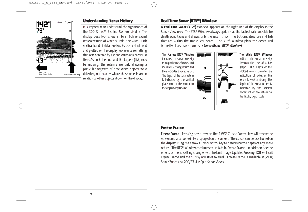 Humminbird 343c manual Understanding Sonar History, Real Time Sonar RTS Window, Freeze Frame 