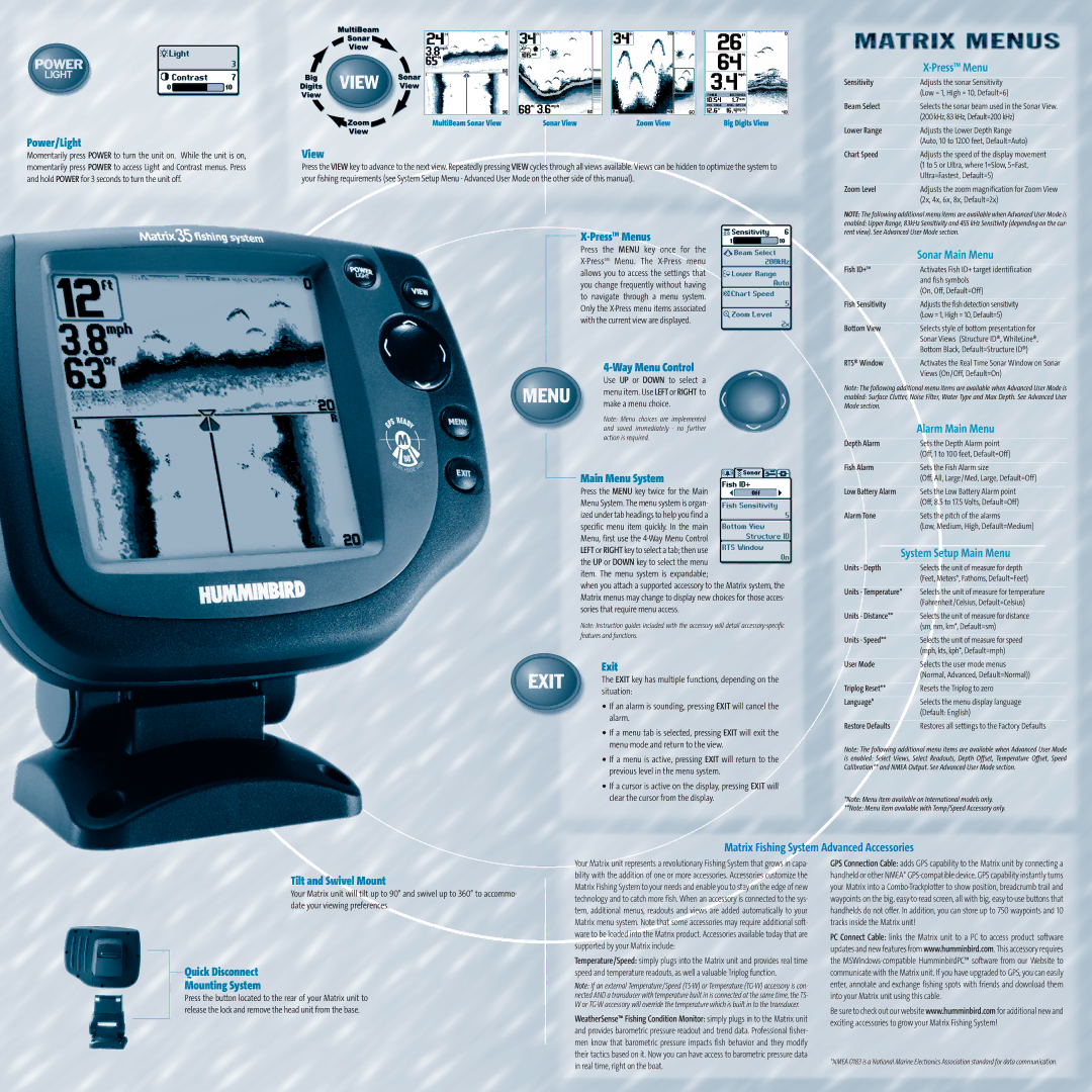 Humminbird 35 warranty Power/Light, View, PressTMMenus, -Way Menu Control, Main Menu System, Exit 