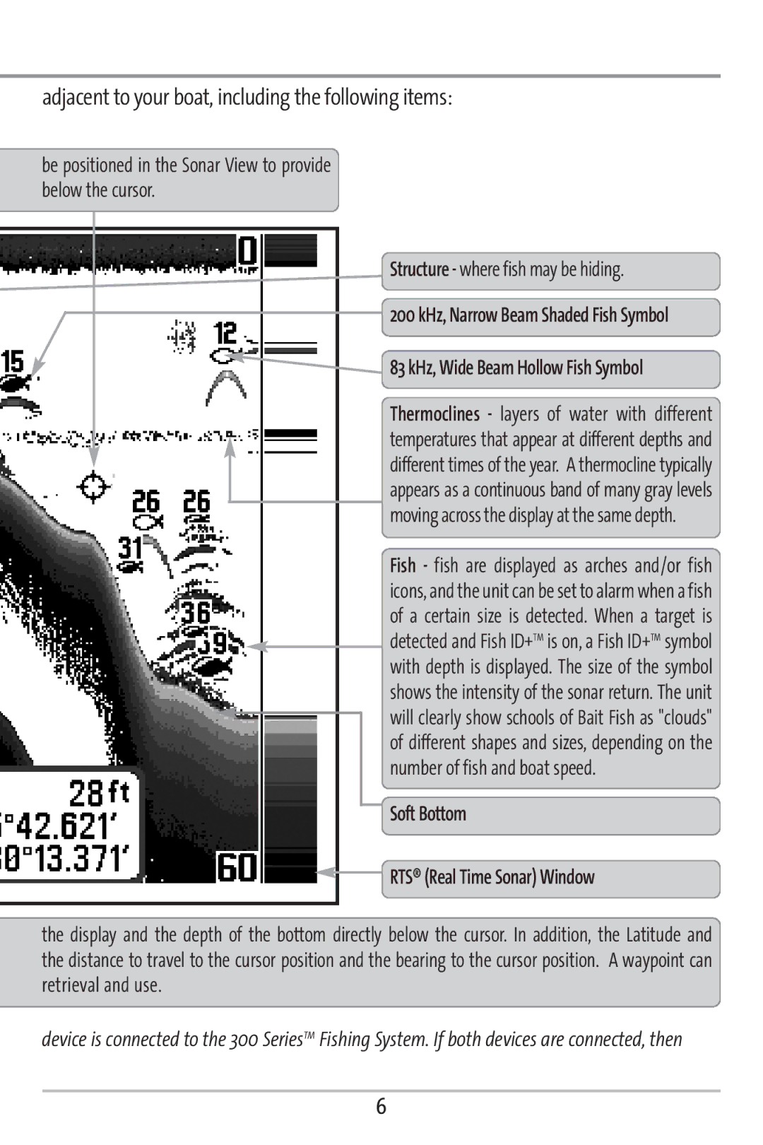 Humminbird 363 manual Adjacent to your boat, including the following items, 83 kHz, Wide Beam Hollow Fish Symbol 