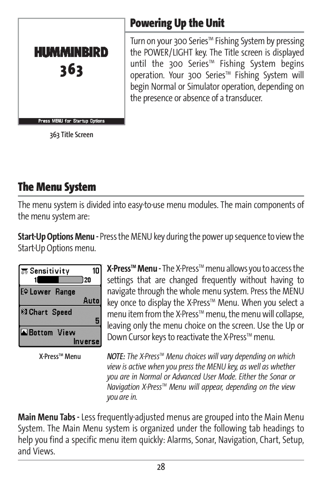 Humminbird 363 manual Powering Up the Unit, Menu System, Title Screen, Press TM Menu 