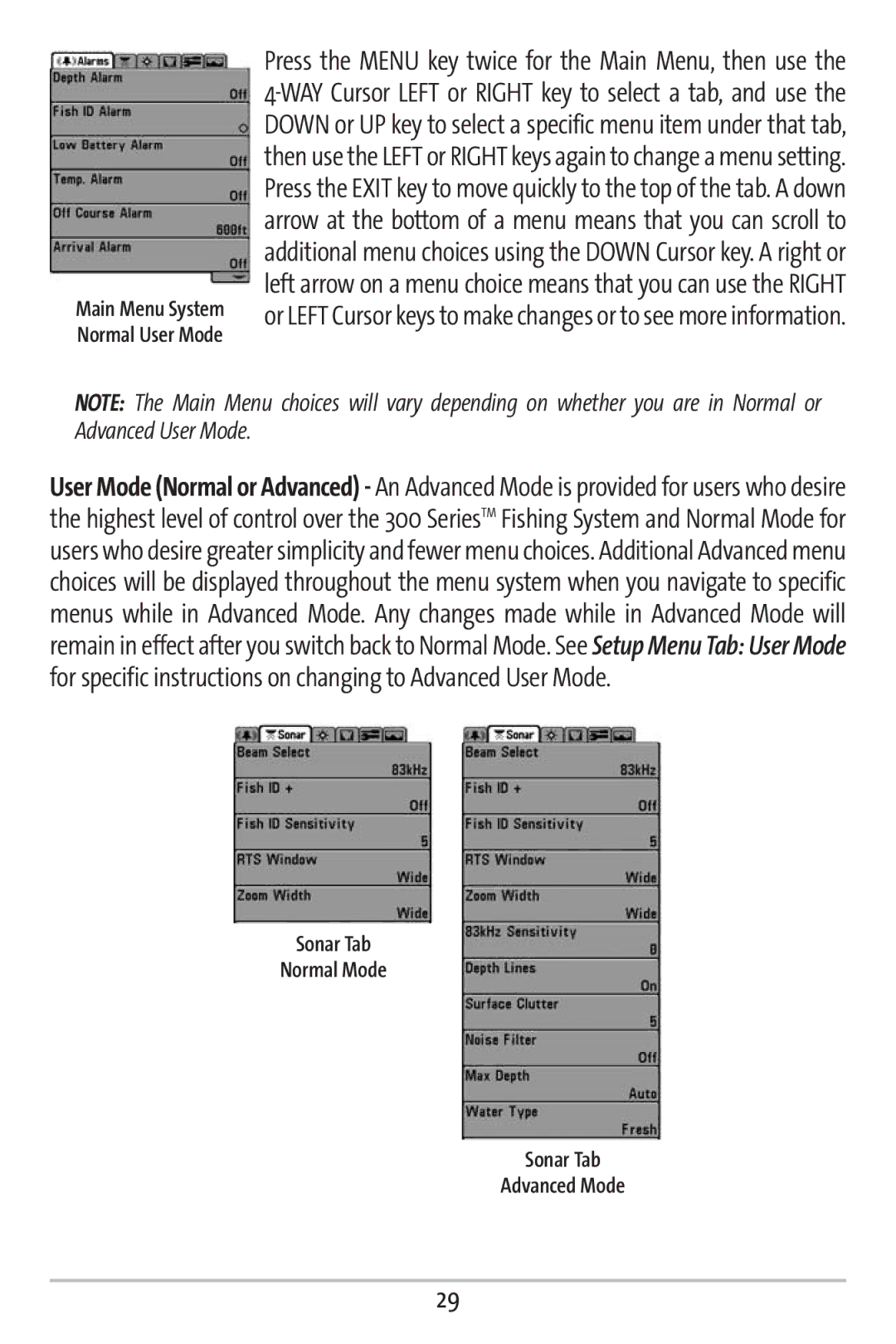 Humminbird 363 manual Sonar Tab Normal Mode Advanced Mode 