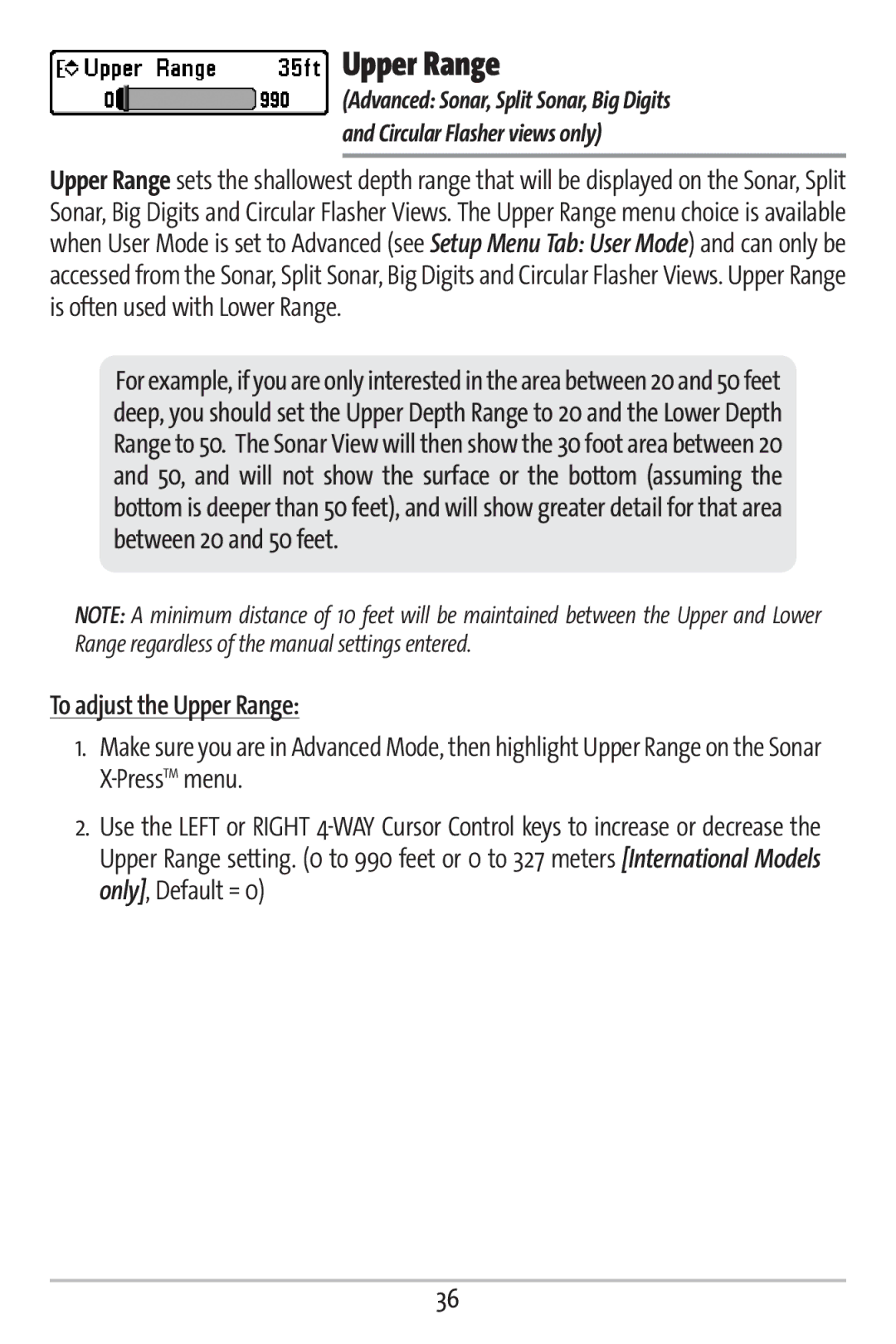 Humminbird 363 manual To adjust the Upper Range 