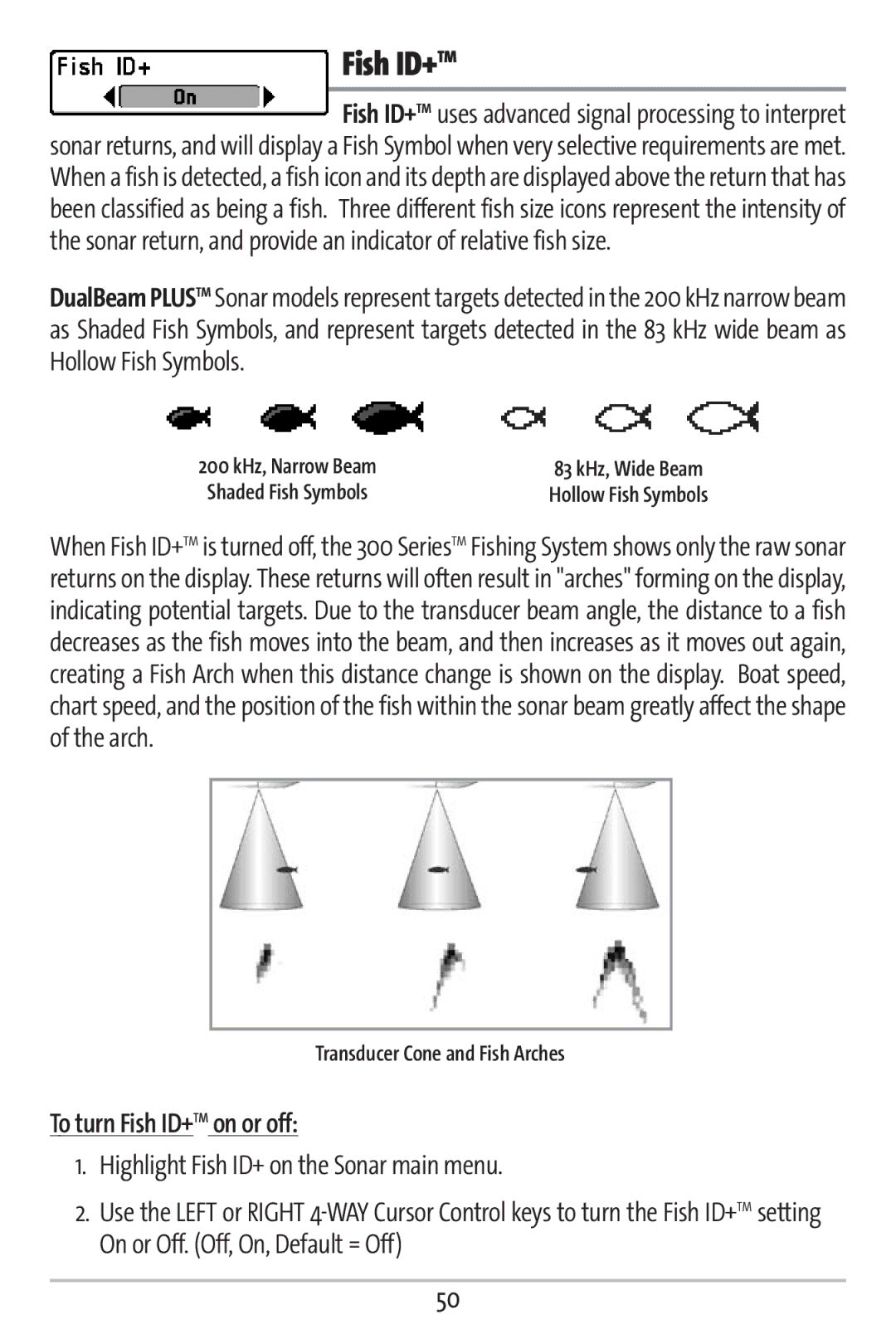 Humminbird 363 manual To turn Fish ID+TM on or off, Transducer Cone and Fish Arches 