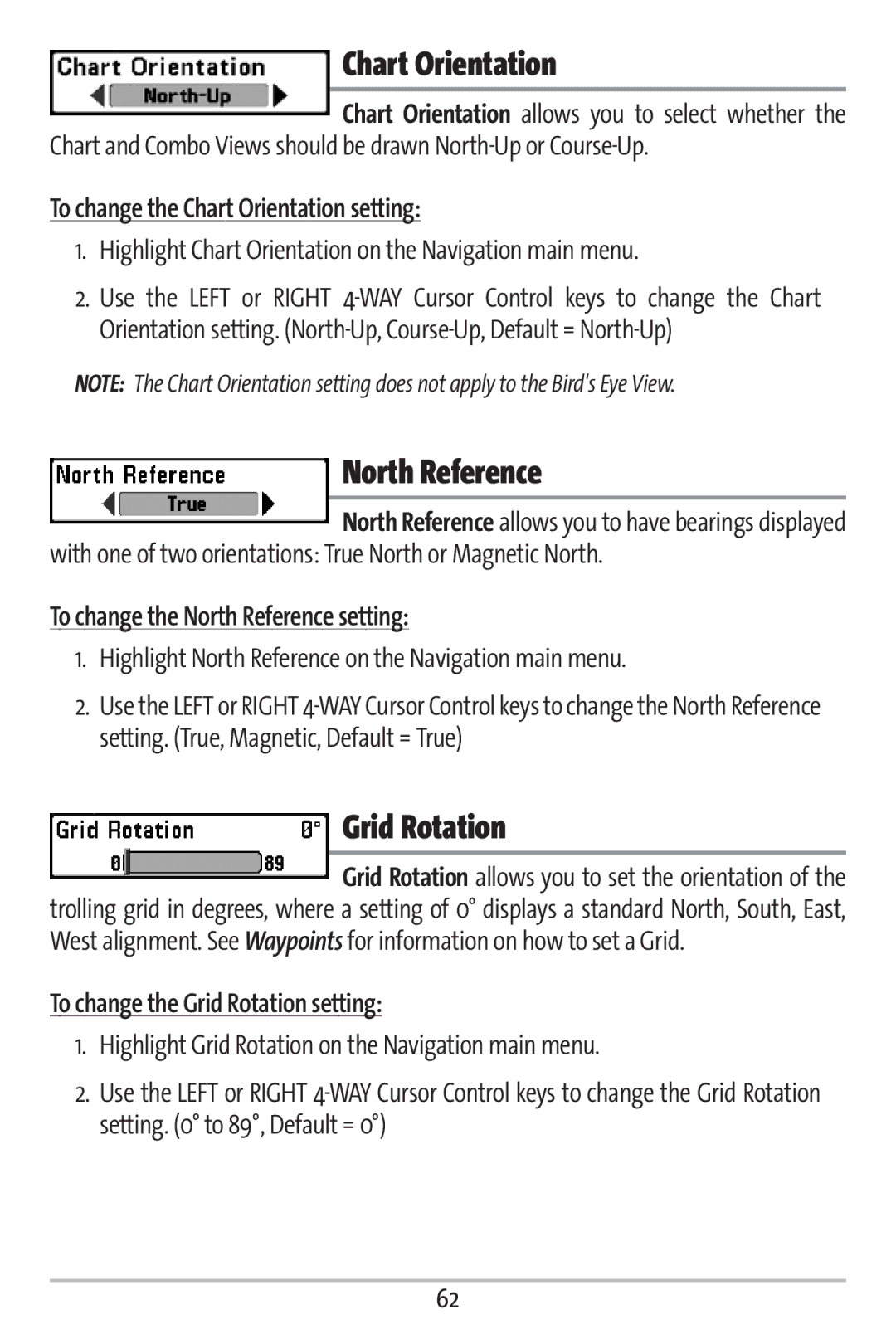 Humminbird 363 manual Chart Orientation, North Reference, Grid Rotation 