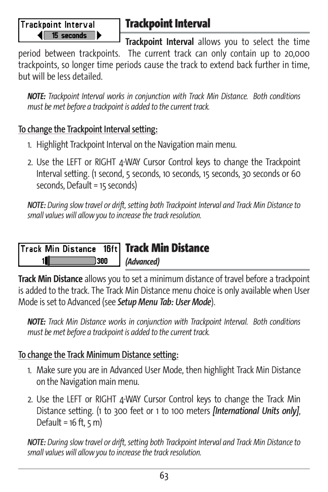 Humminbird 363 manual Track Min Distance, To change the Trackpoint Interval setting 