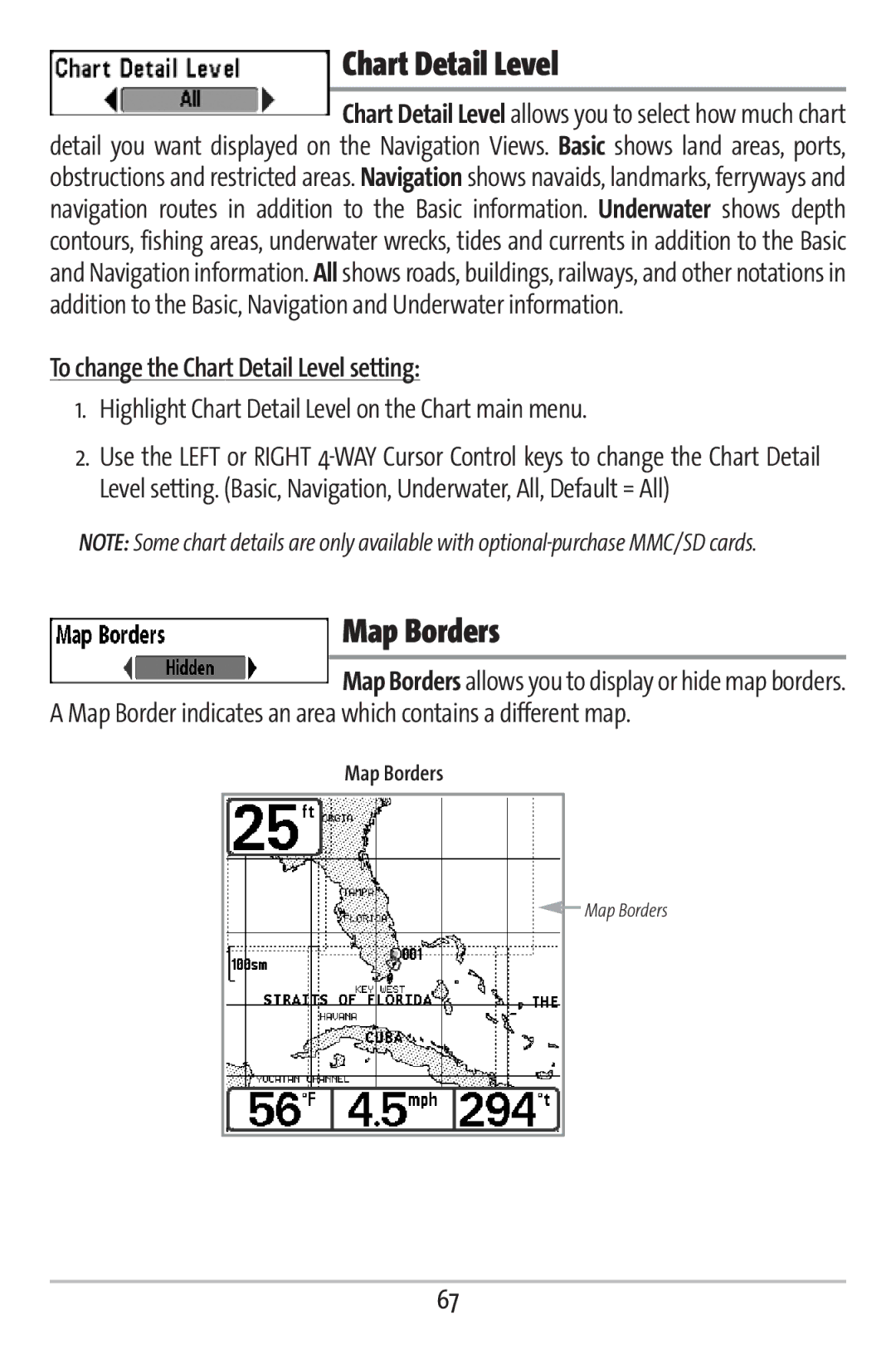 Humminbird 363 manual Map Borders, To change the Chart Detail Level setting 