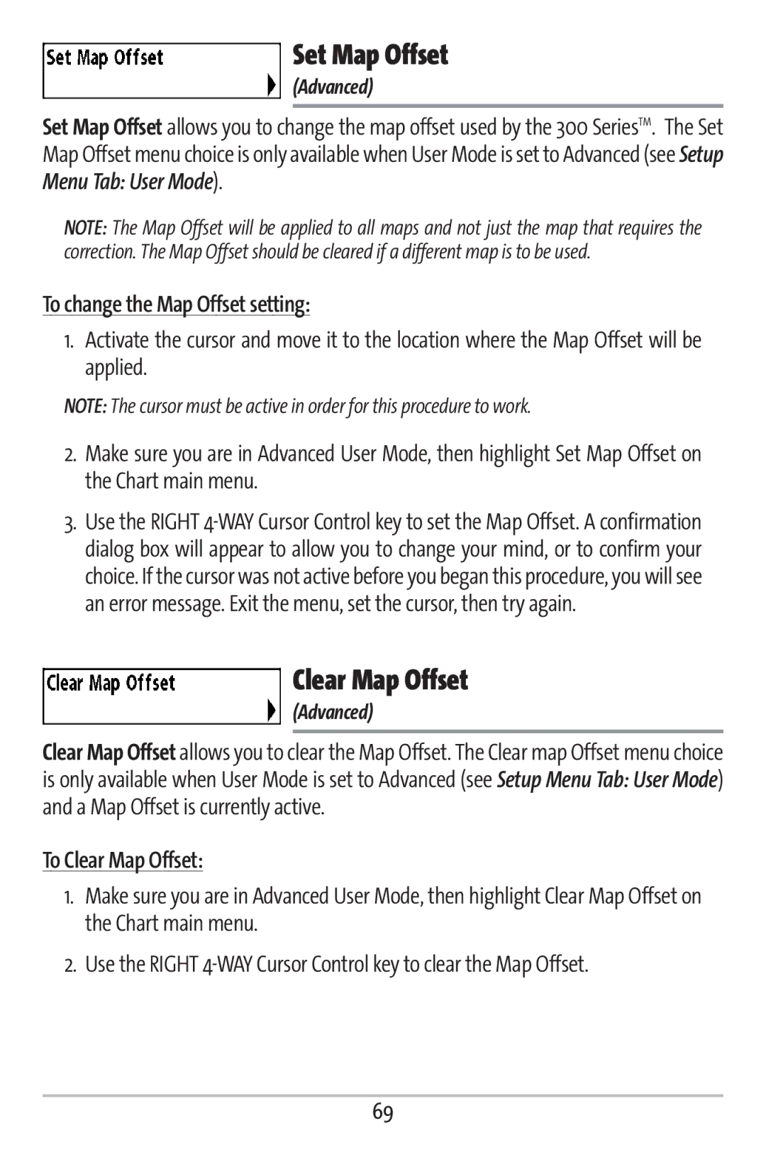 Humminbird 363 manual Set Map Offset, To change the Map Offset setting, To Clear Map Offset 