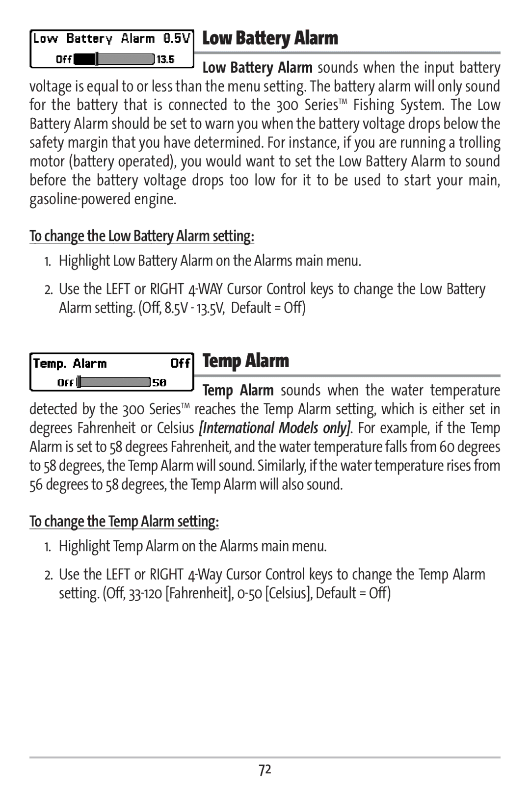 Humminbird 363 manual To change the Low Battery Alarm setting, To change the Temp Alarm setting 