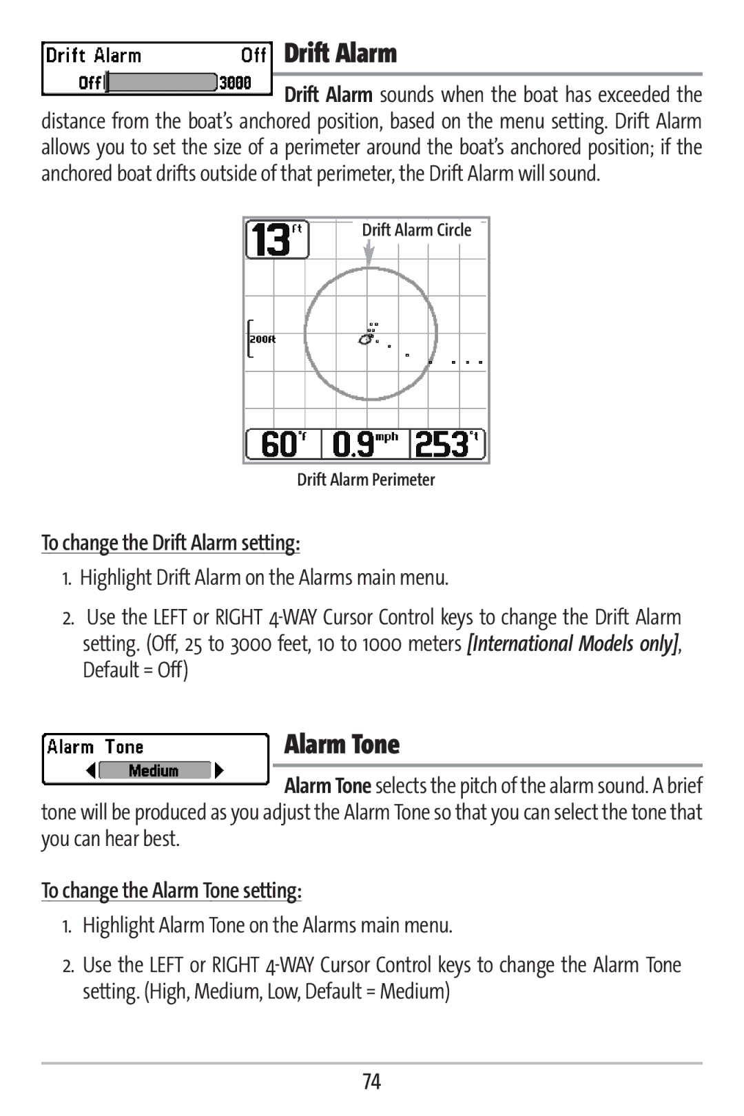 Humminbird 363 manual To change the Drift Alarm setting, To change the Alarm Tone setting 