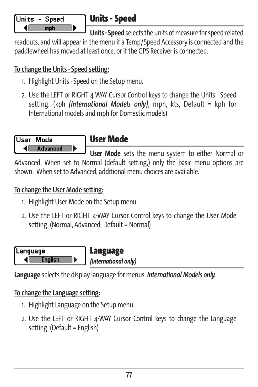 Humminbird 363 manual Units Speed, User Mode, Language 