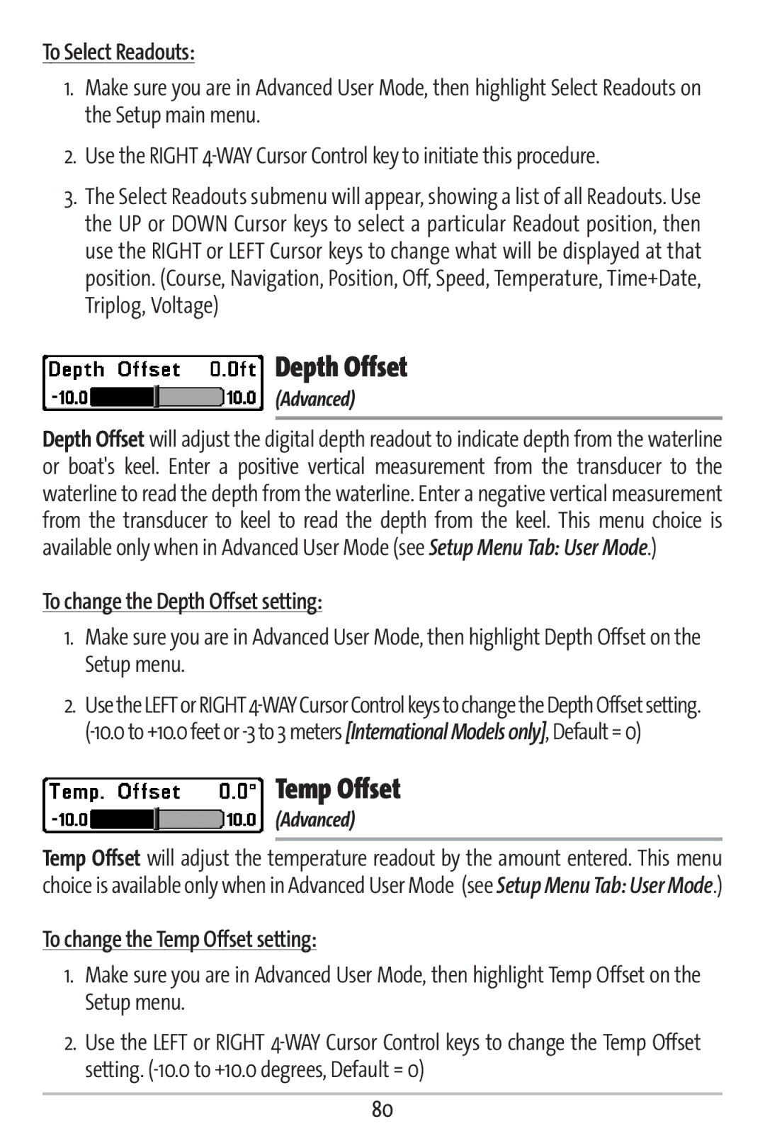 Humminbird 363 manual To Select Readouts, To change the Depth Offset setting, To change the Temp Offset setting 