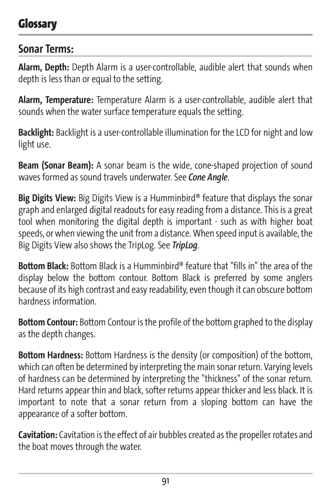 Humminbird 363 manual Glossary, Sonar Terms 