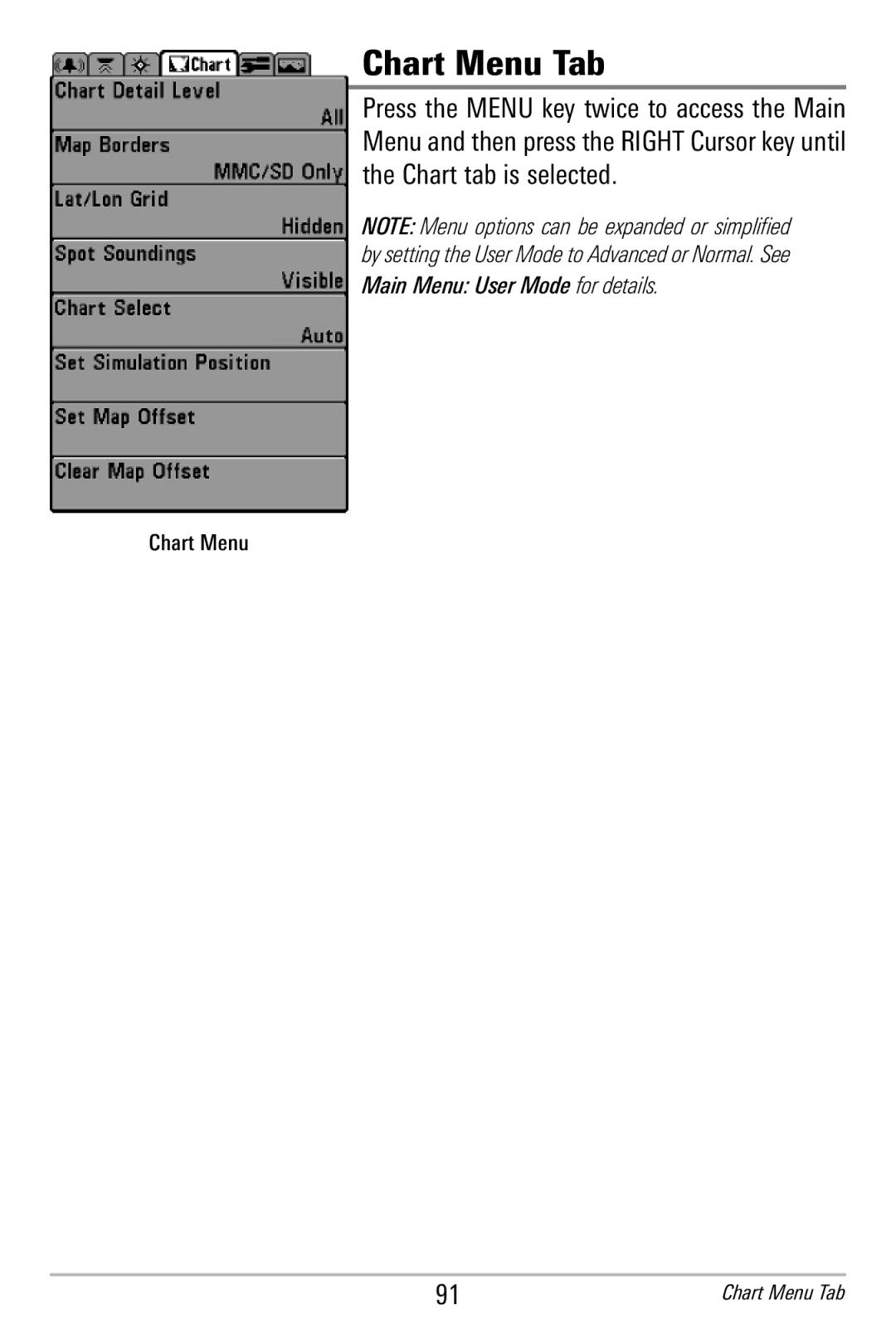 Humminbird 365i manual Chart Menu Tab 