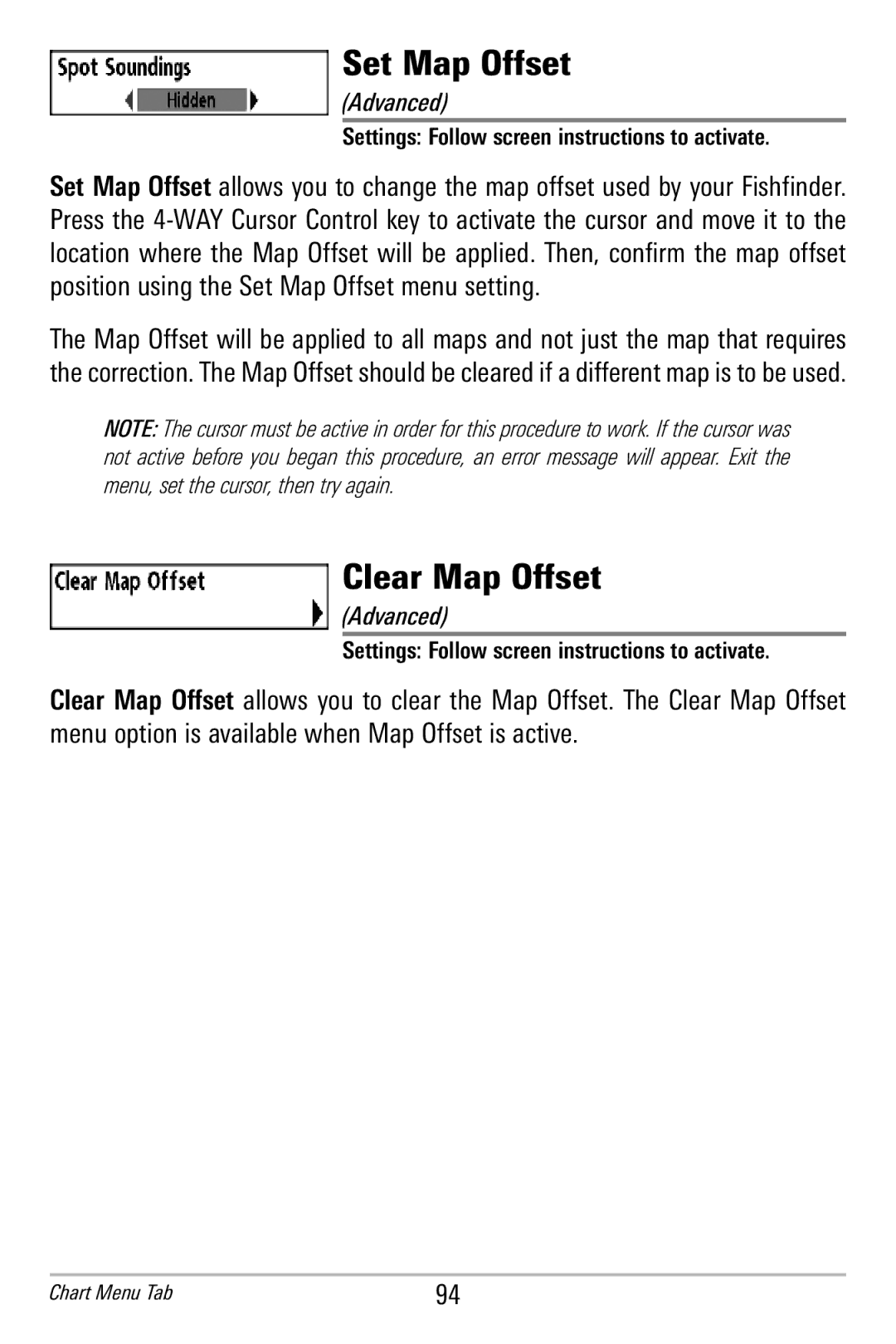 Humminbird 365i manual Set Map Offset, Clear Map Offset 