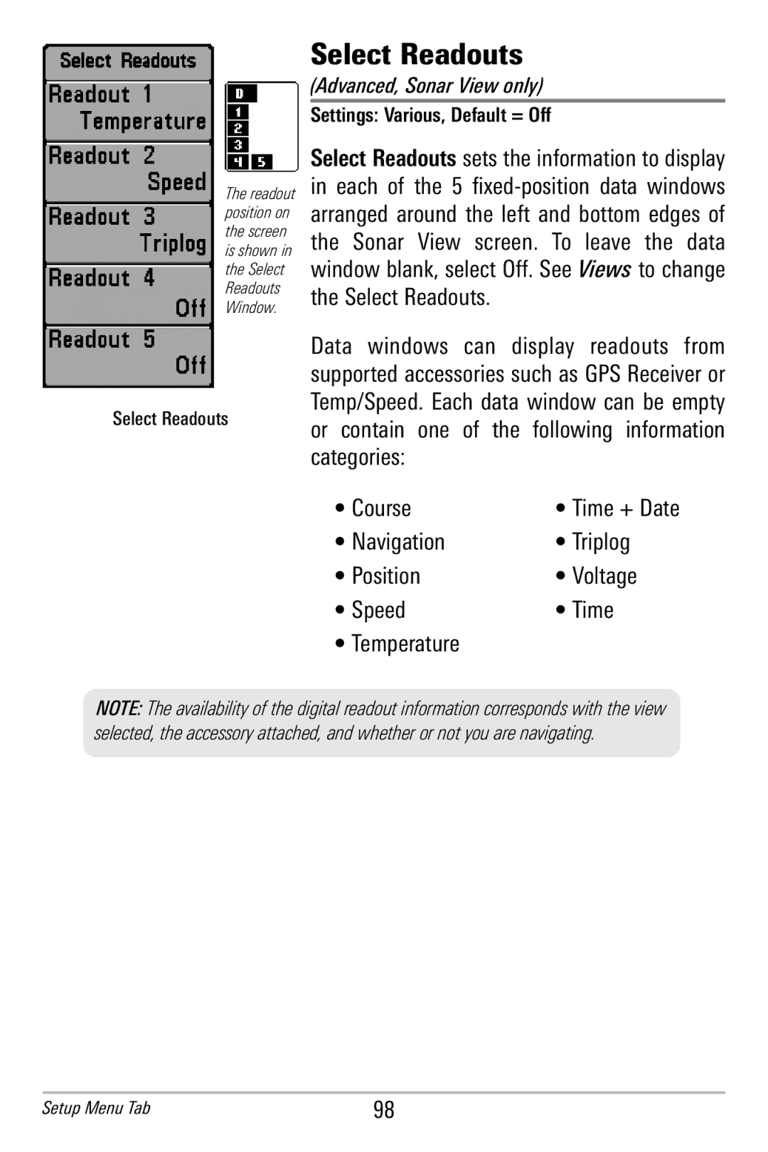 Humminbird 365i manual Select Readouts, Settings Various, Default = Off 