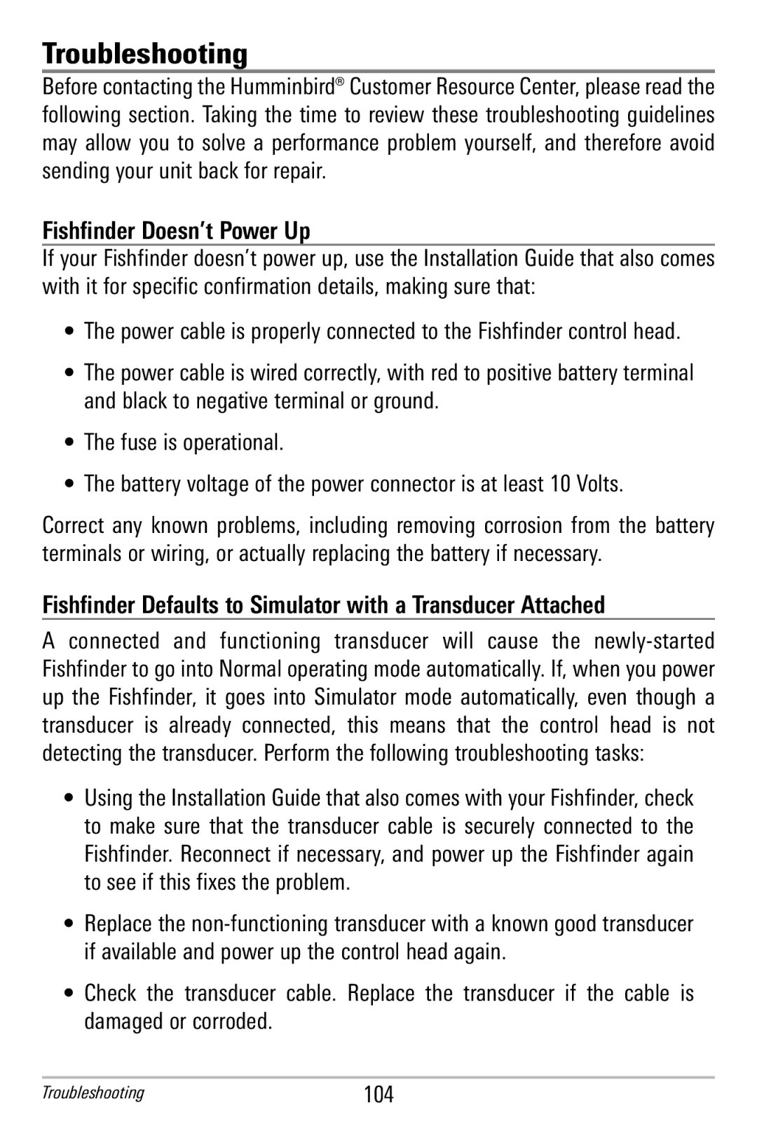 Humminbird 365i manual Troubleshooting, Fishfinder Doesn’t Power Up 