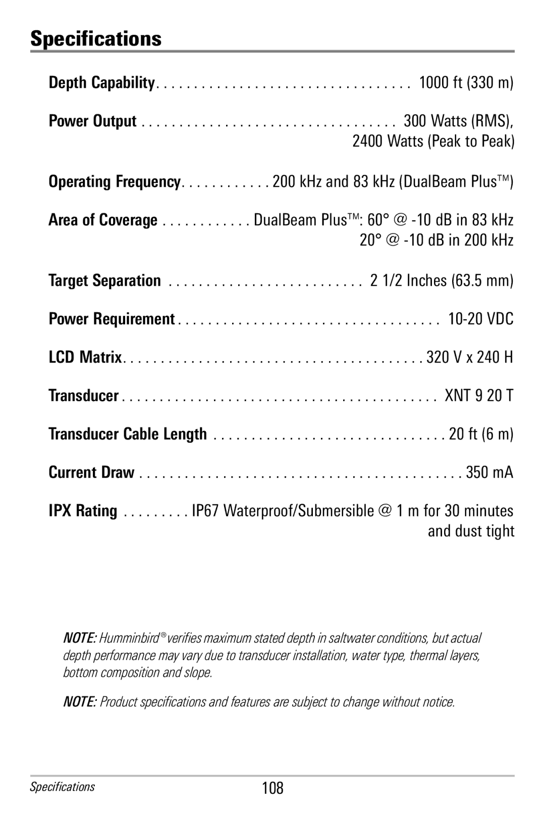 Humminbird 365i manual Specifications, Watts Peak to Peak 