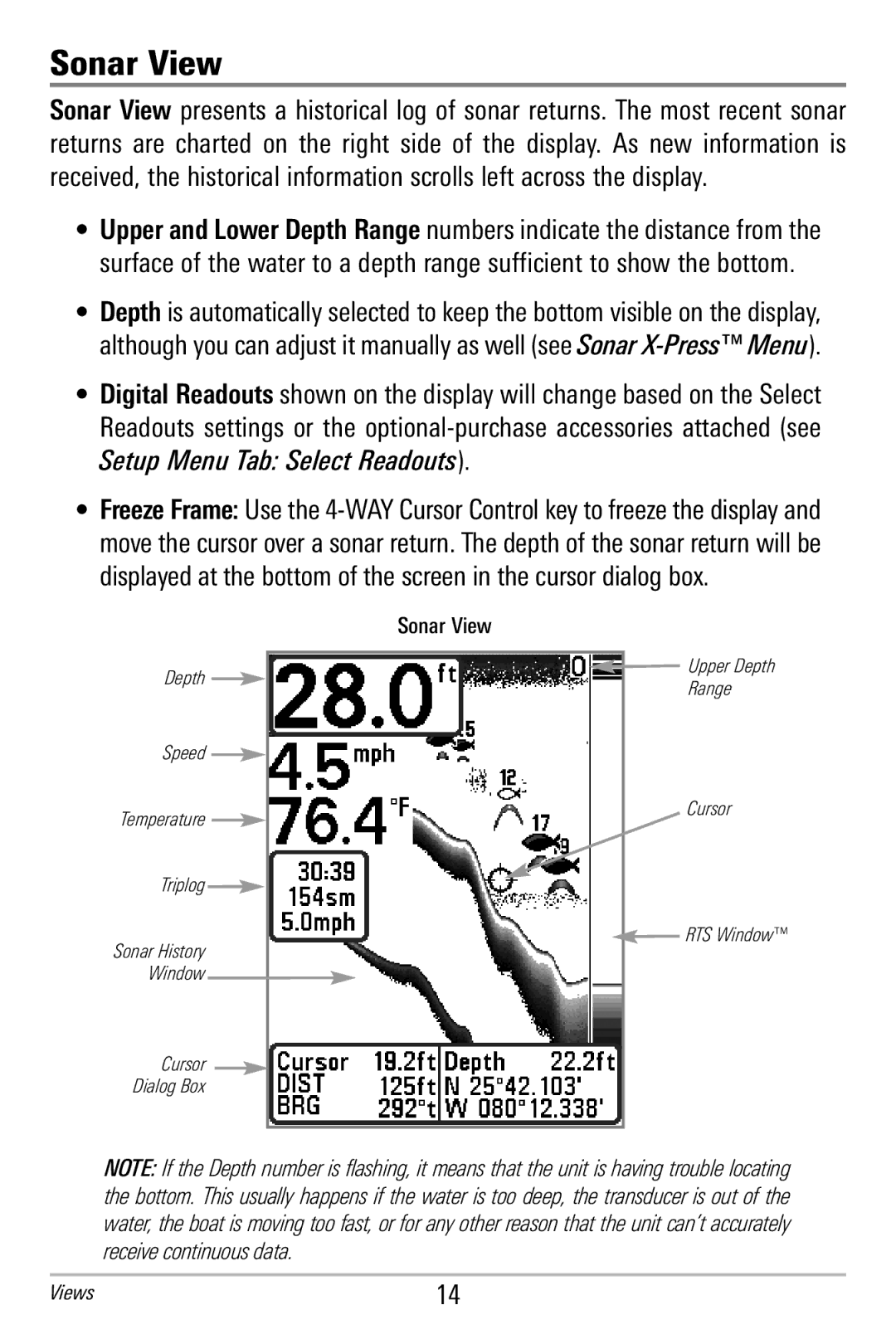 Humminbird 365i manual Sonar View, Setup Menu Tab Select Readouts 