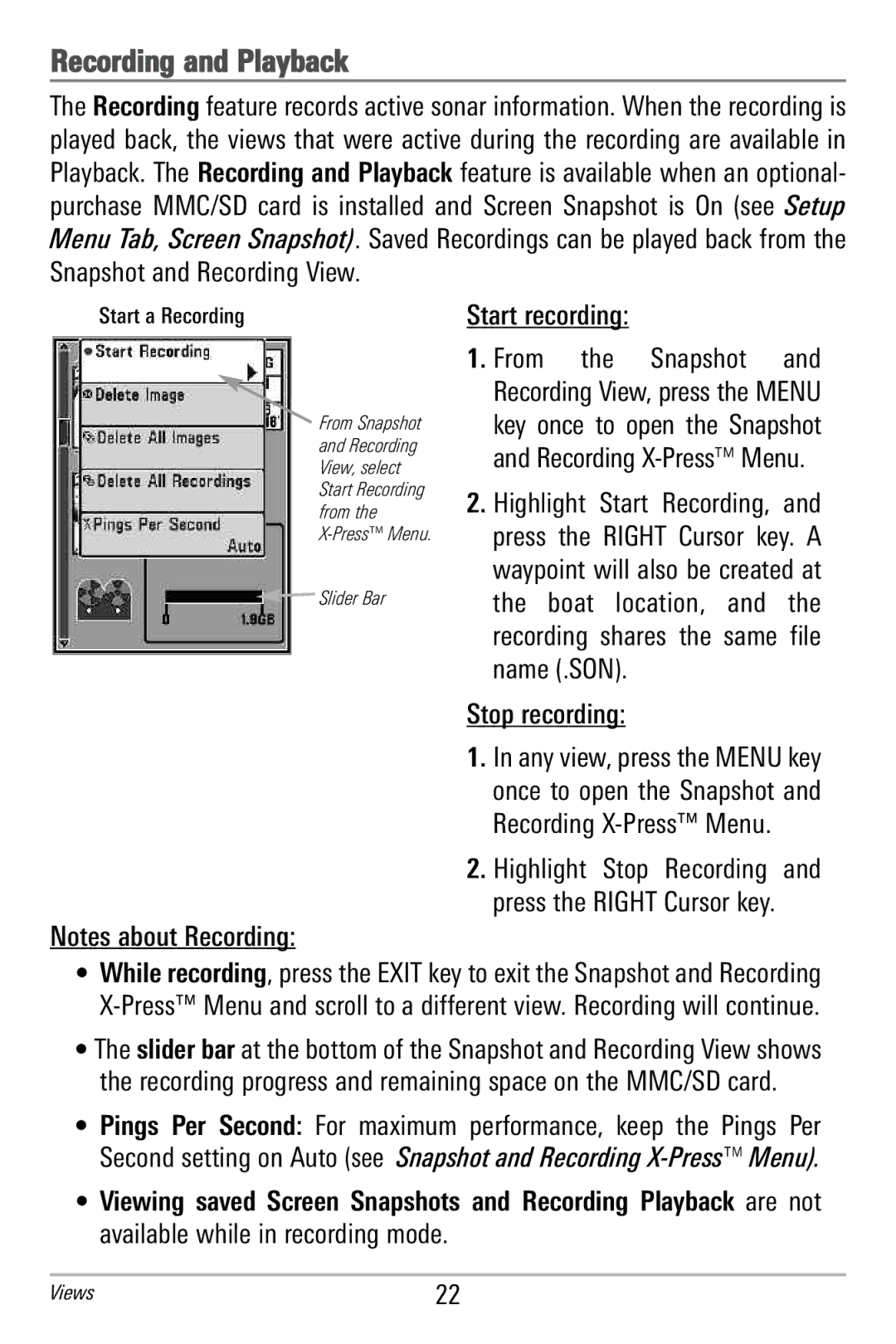 Humminbird 365i manual Recording and Playback 