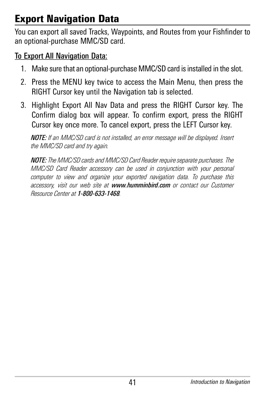 Humminbird 365i manual Export Navigation Data 