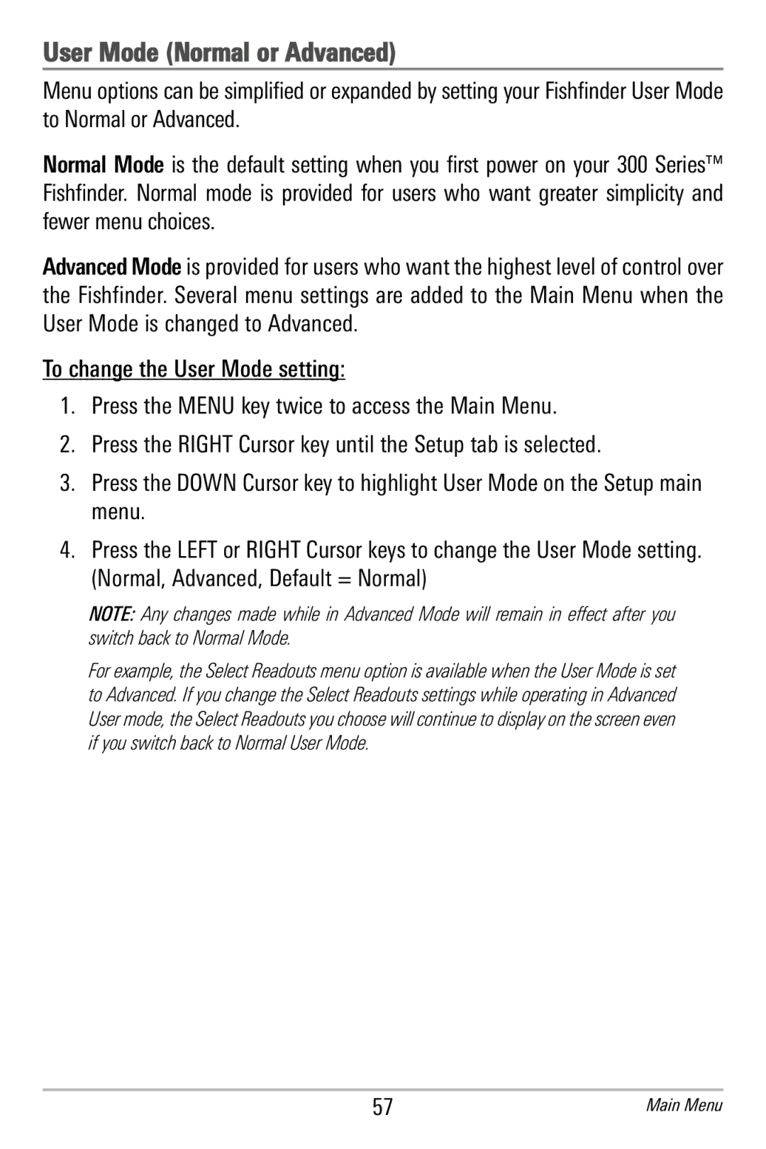 Humminbird 365i manual User Mode Normal or Advanced 