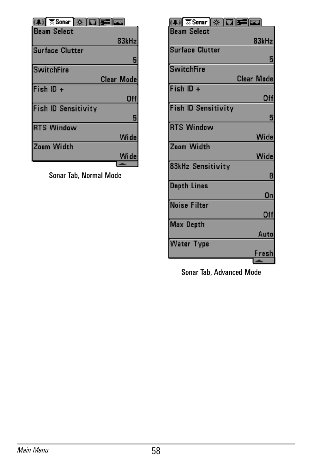 Humminbird 365i manual Sonar Tab, Normal Mode Sonar Tab, Advanced Mode 