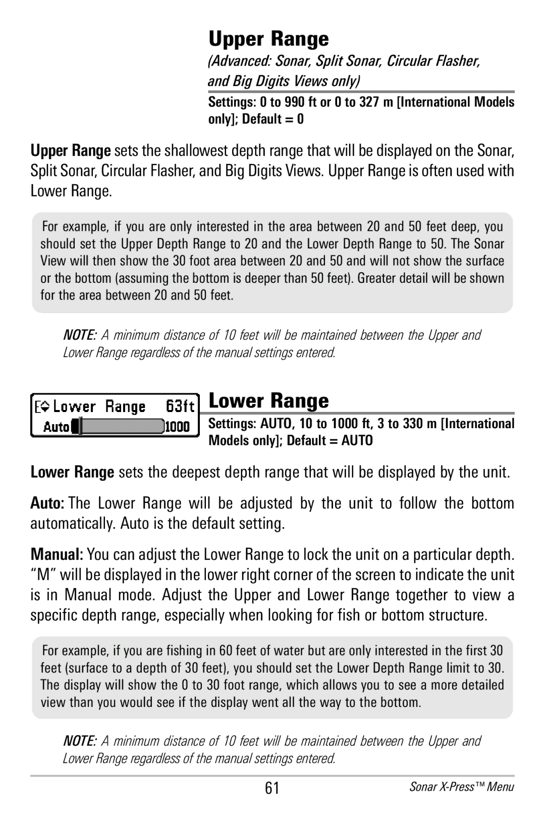 Humminbird 365i manual Upper Range, Lower Range, Models only Default = Auto 