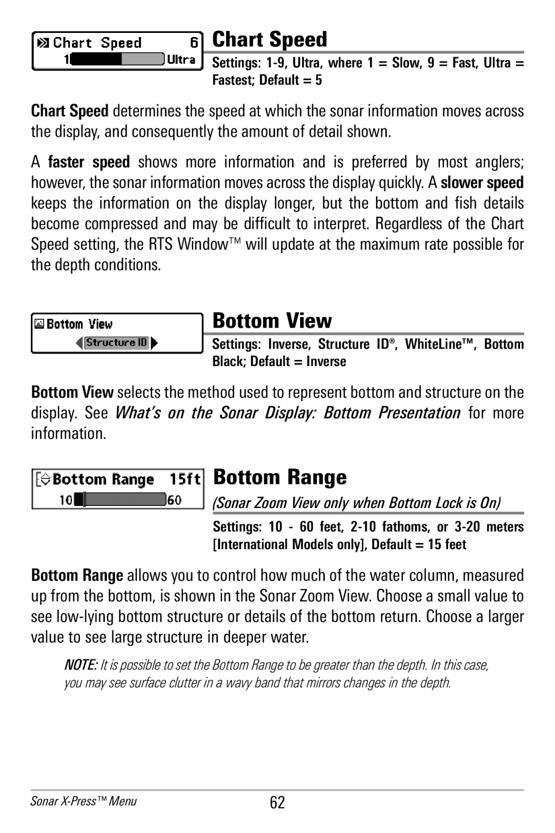 Humminbird 365i manual Chart Speed, Bottom View, Bottom Range, Fastest Default =, Black Default = Inverse 