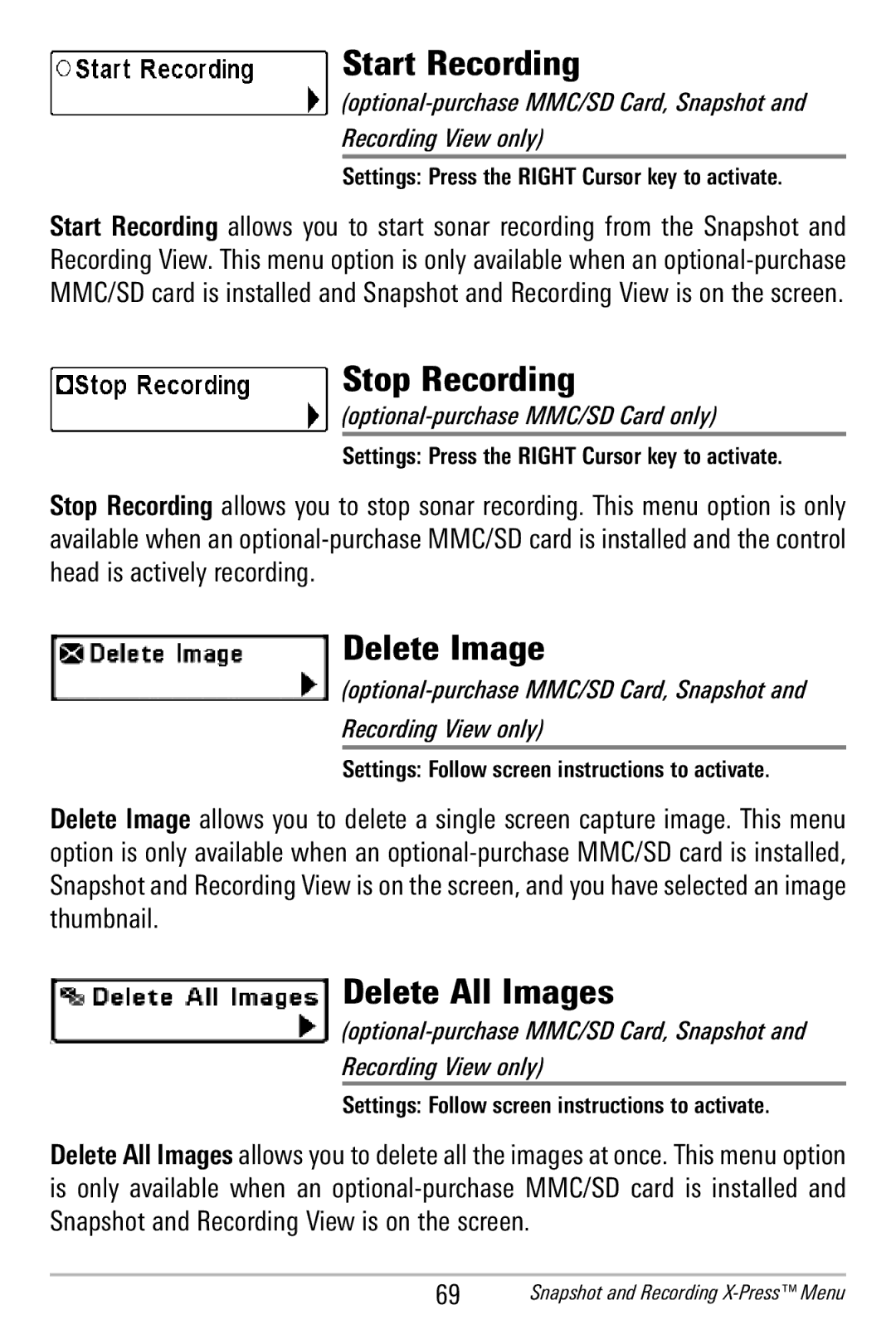 Humminbird 365i manual Start Recording, Stop Recording, Delete Image, Delete All Images 