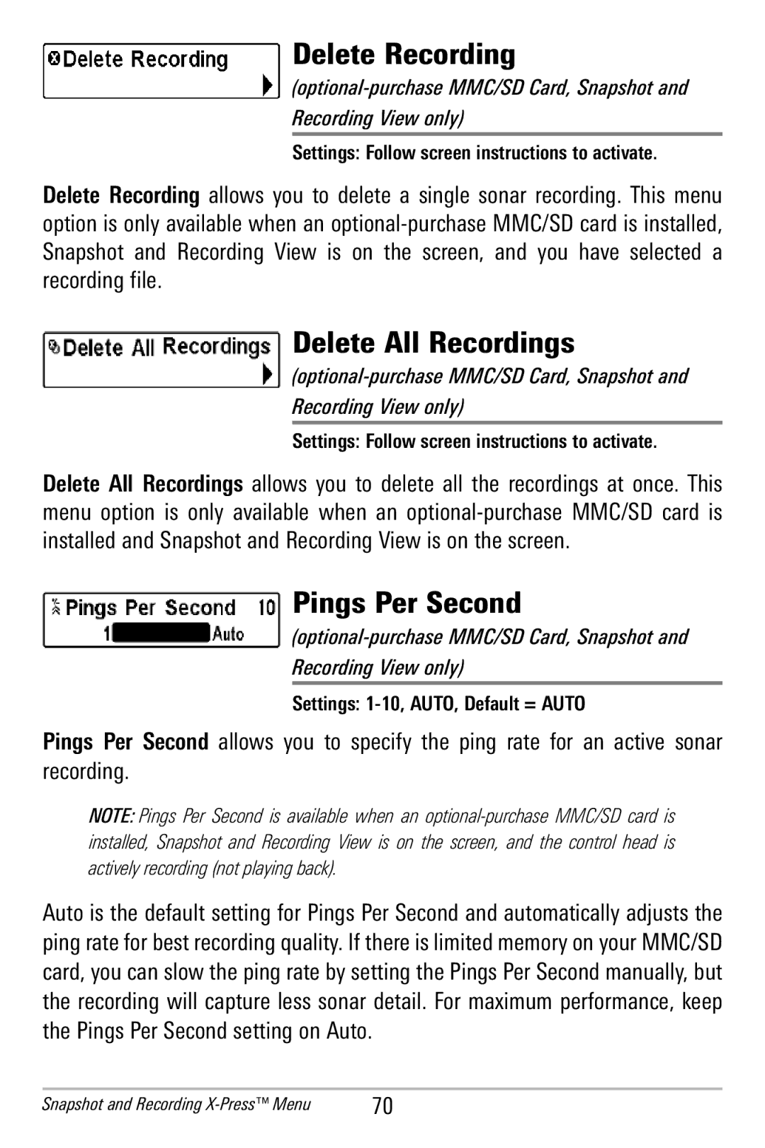 Humminbird 365i manual Delete Recording, Delete All Recordings, Pings Per Second, Settings 1-10, AUTO, Default = Auto 