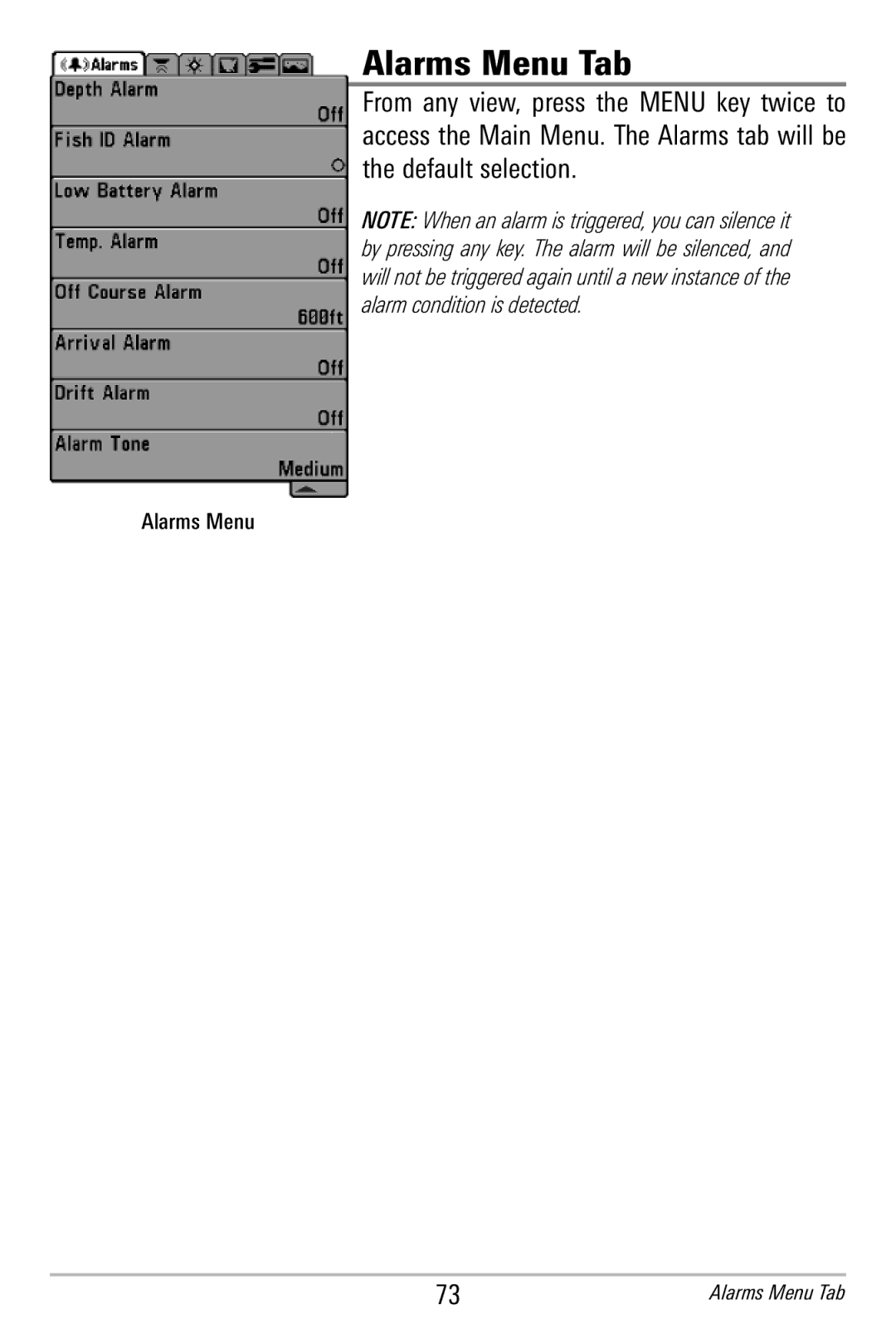 Humminbird 365i manual Alarms Menu Tab 