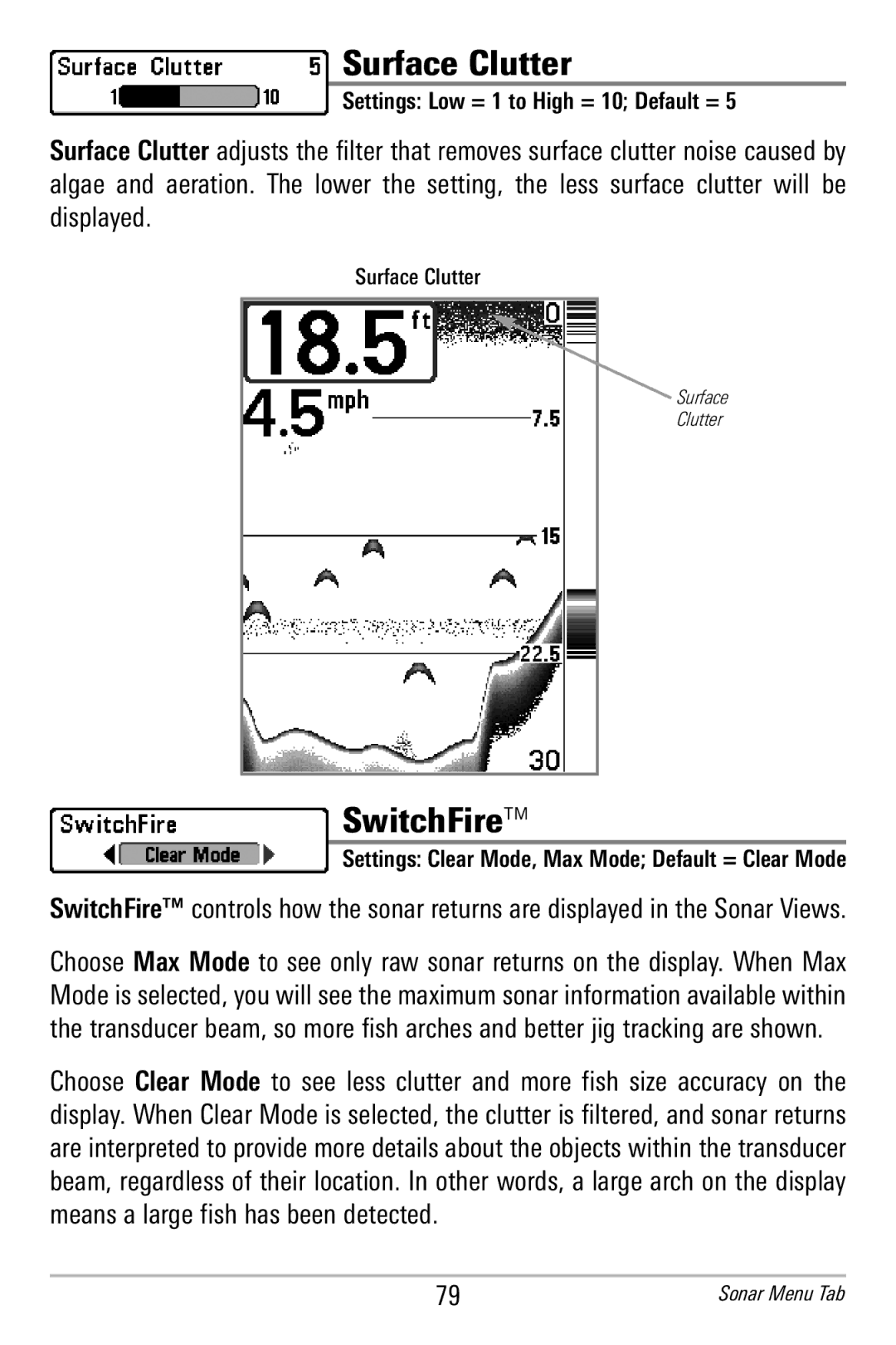 Humminbird 365i manual Surface Clutter, SwitchFire, Settings Low = 1 to High = 10 Default = 