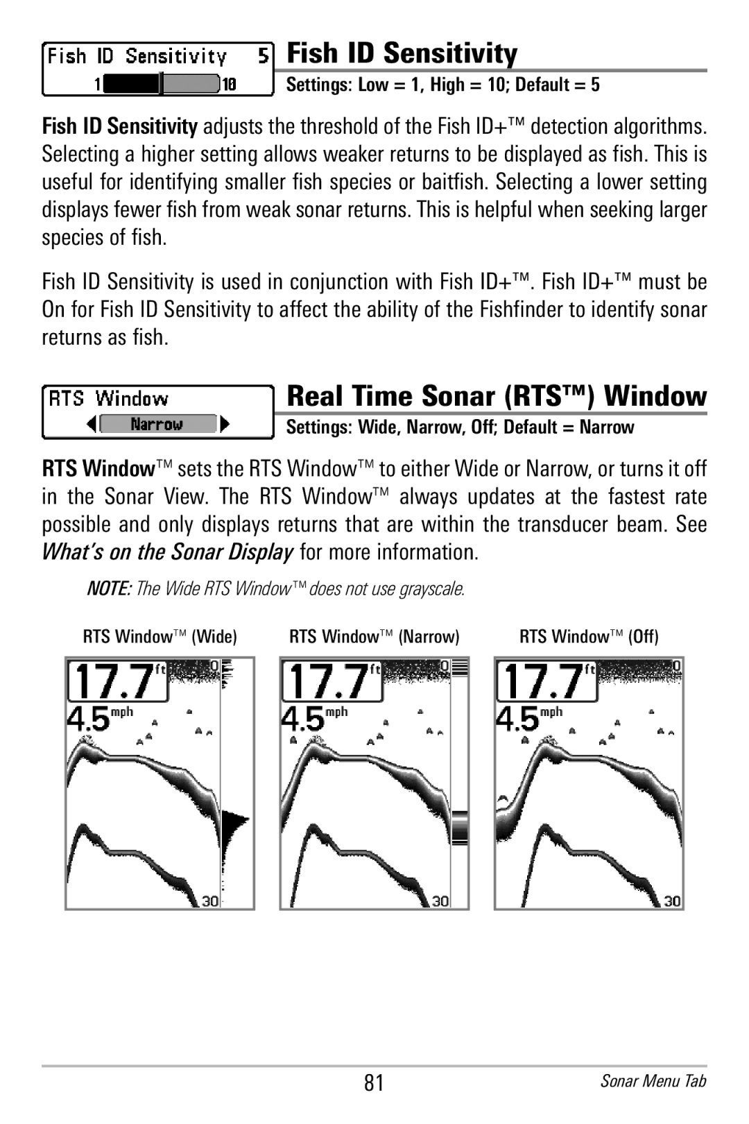 Humminbird 365i manual Fish ID Sensitivity, Real Time Sonar RTS Window, Settings Low = 1, High = 10 Default = 