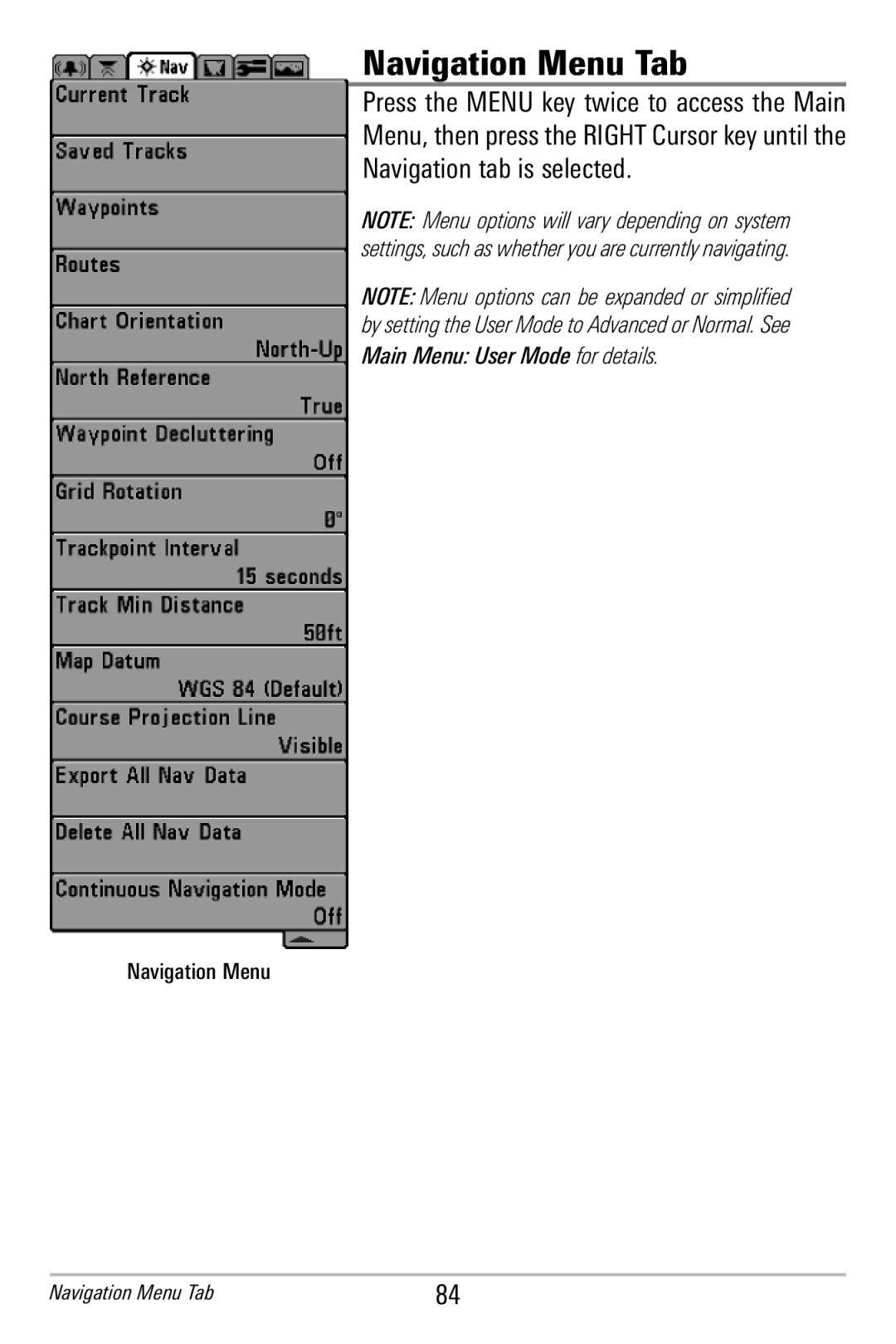 Humminbird 365i manual Navigation Menu Tab 