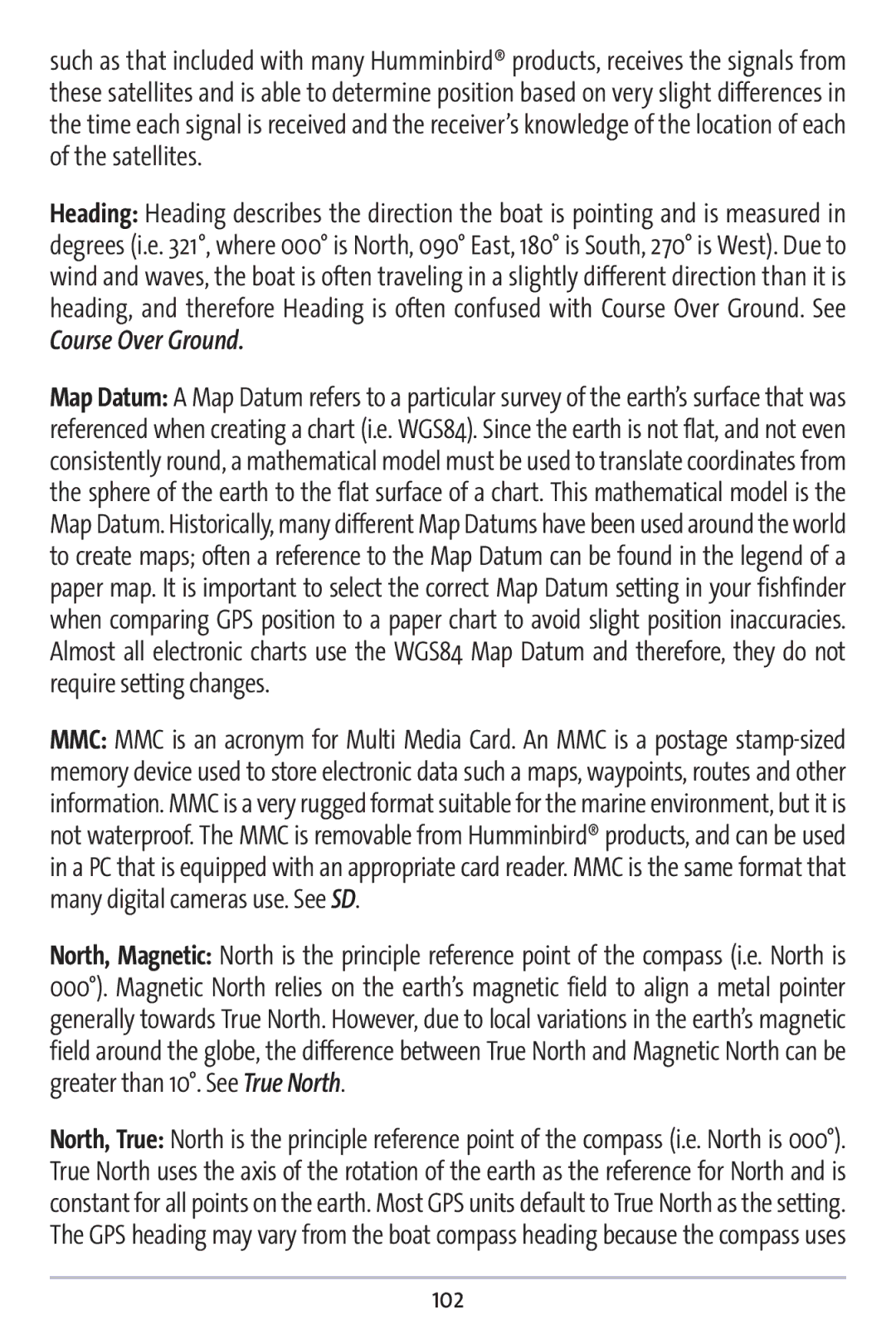 Humminbird 383c manual Course Over Ground, 102 