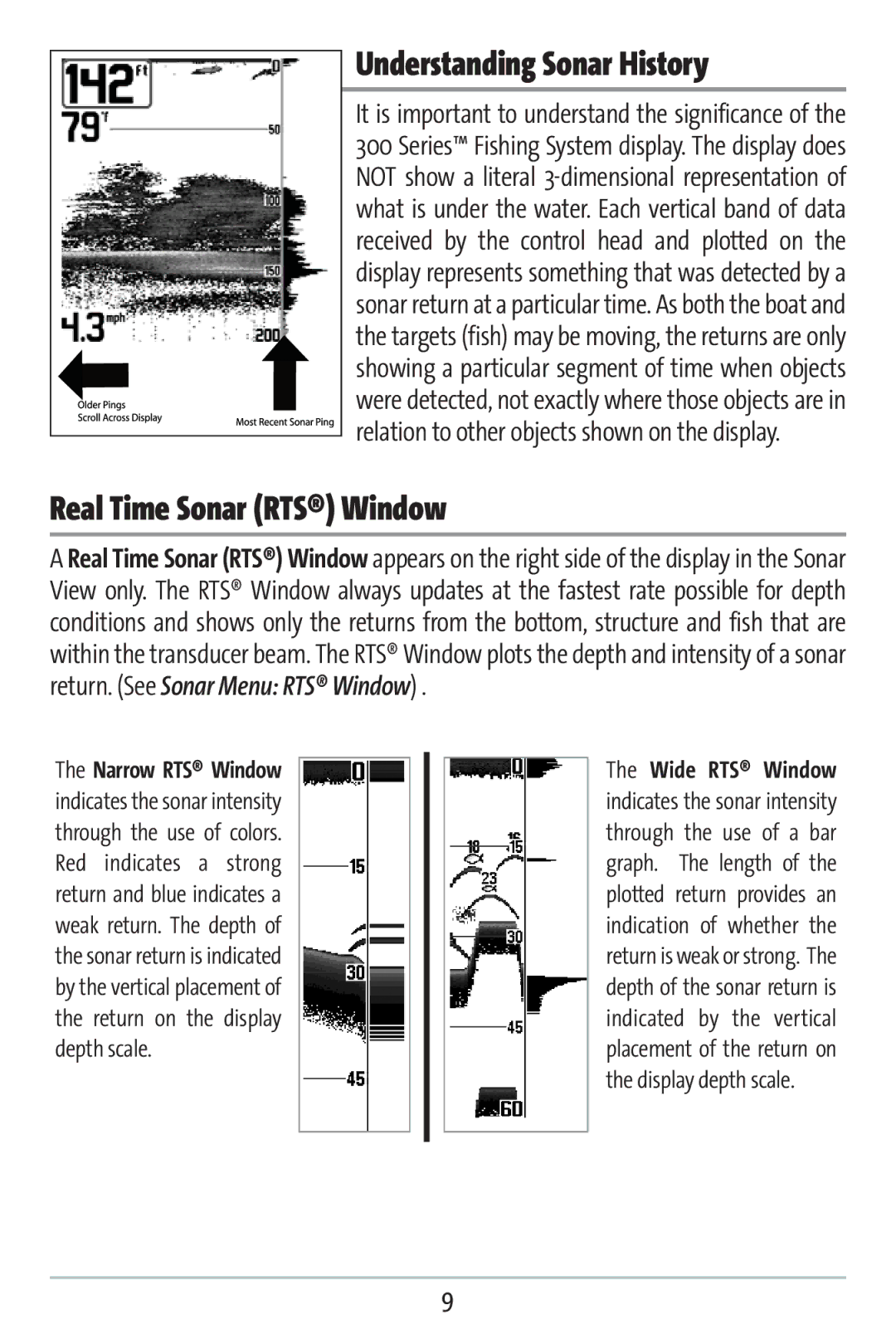 Humminbird 383c manual Understanding Sonar History, Real Time Sonar RTS Window 