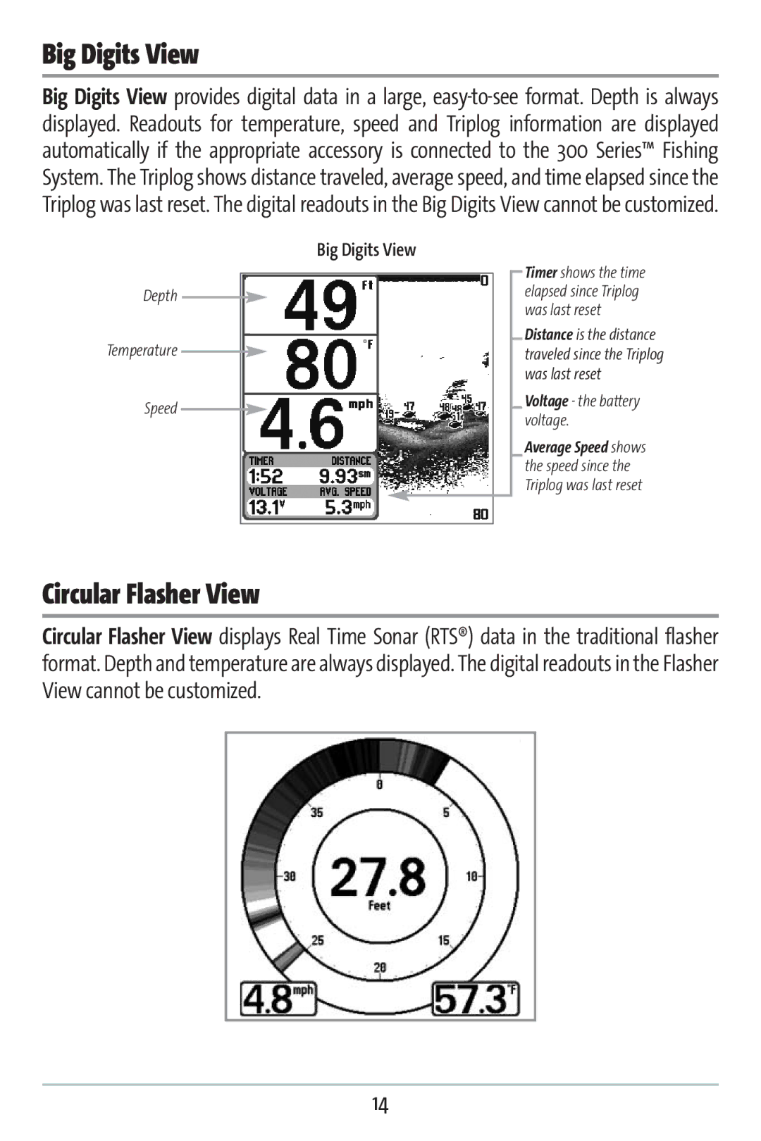 Humminbird 383c manual Big Digits View, Circular Flasher View 