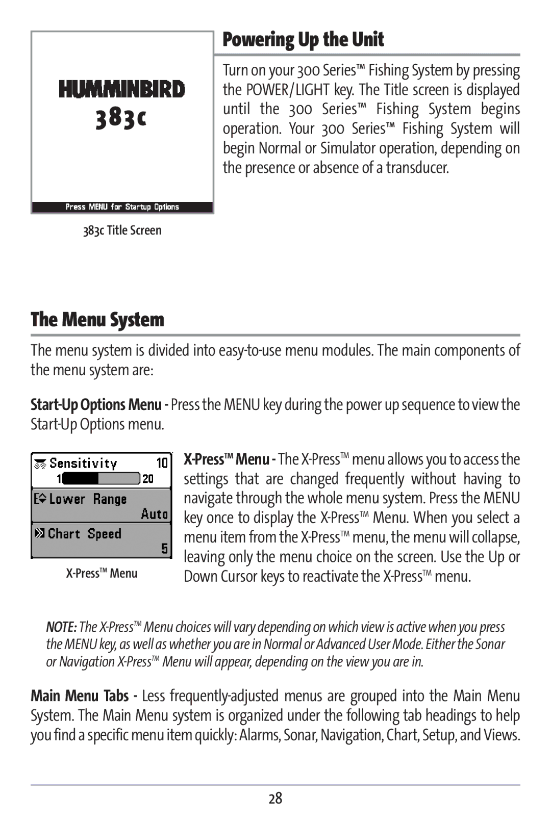 Humminbird 383c manual Powering Up the Unit, Menu System 