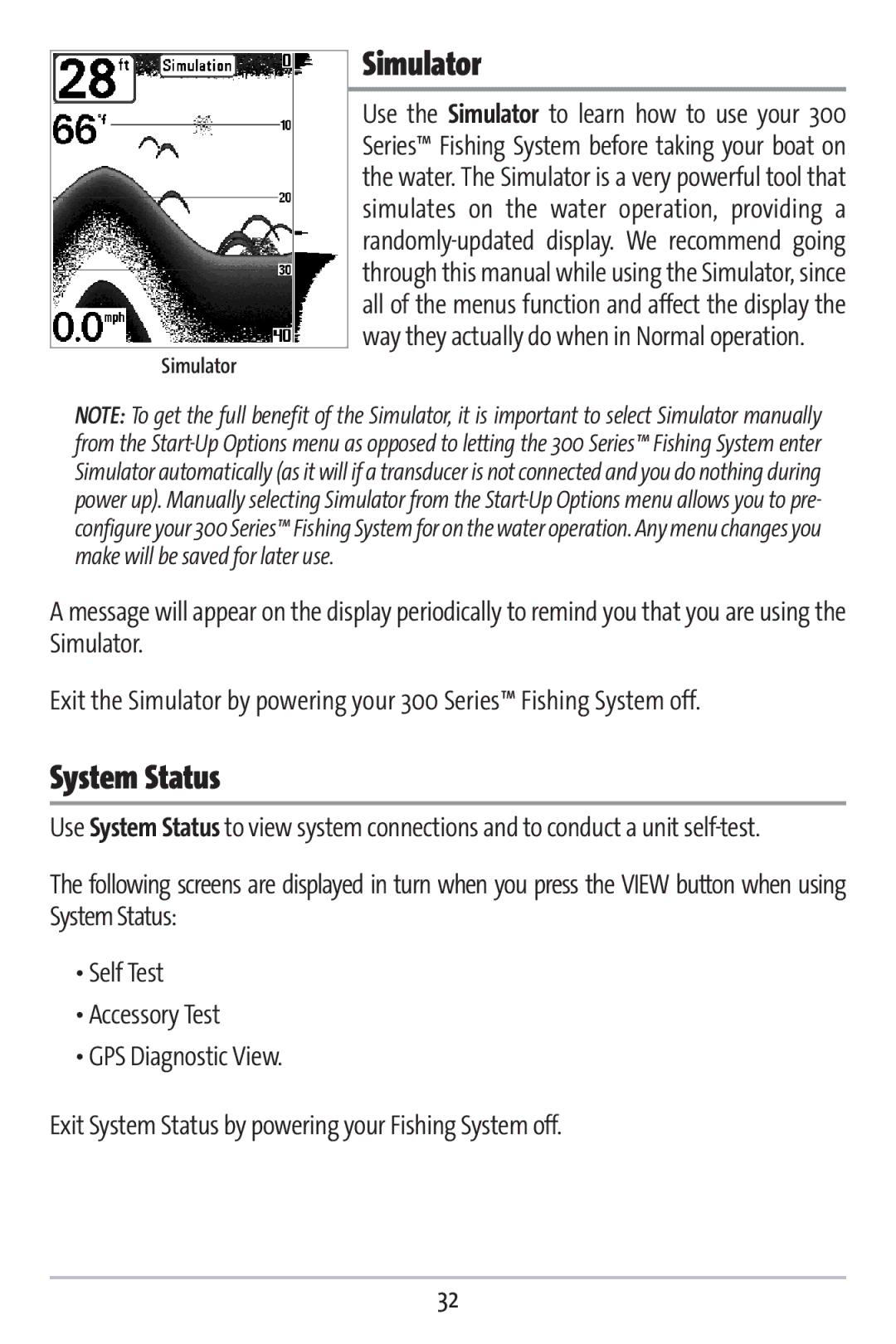 Humminbird 383c manual Simulator, System Status 