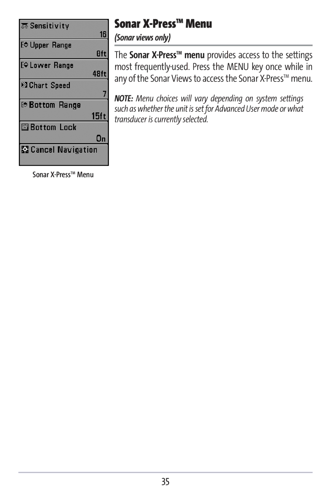 Humminbird 383c manual Sonar X-PressTMMenu, Sonar views only 