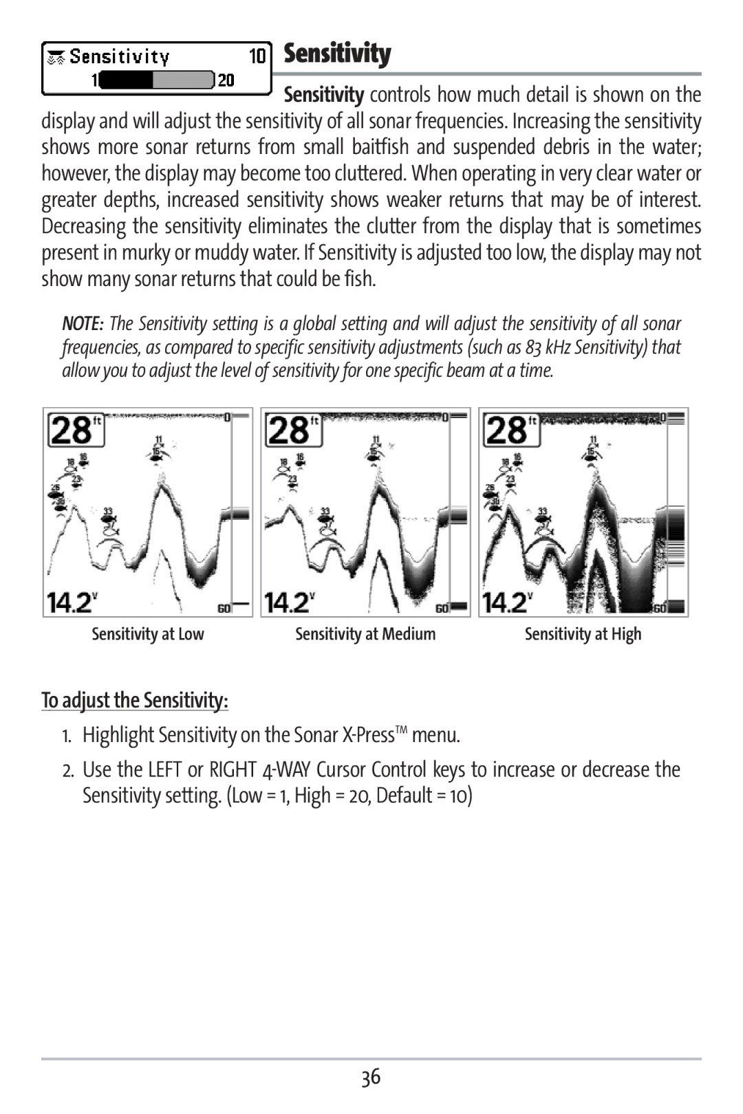 Humminbird 383c manual To adjust the Sensitivity, Highlight Sensitivity on the Sonar X-PressTMmenu 