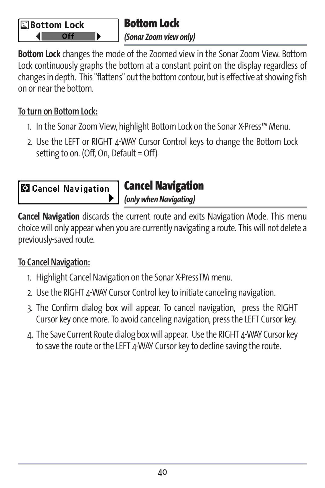 Humminbird 383c manual To turn on Bottom Lock, To Cancel Navigation 