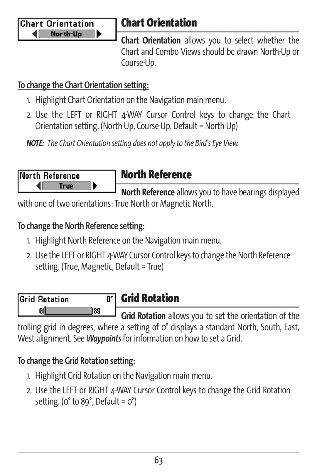 Humminbird 383c manual Chart Orientation, North Reference, Grid Rotation 